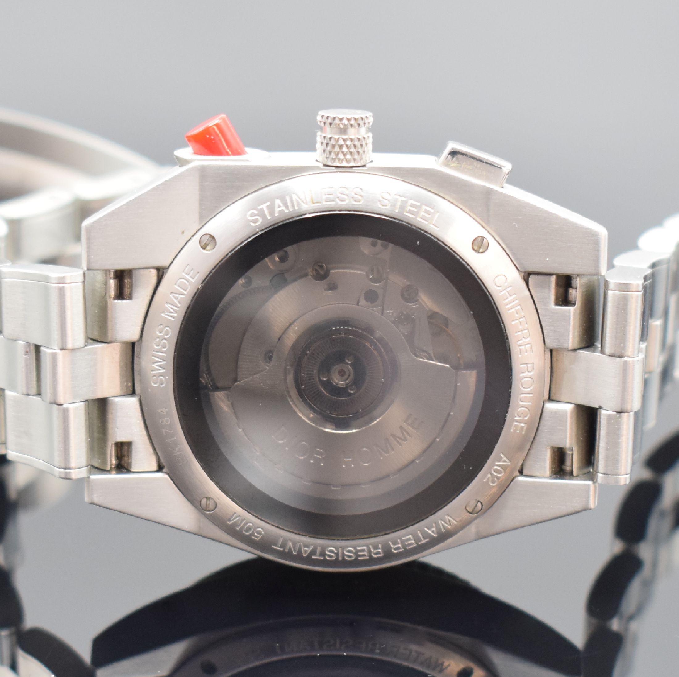 Detail d: DIOR Armbandchronograph Chiffre Rouge Referenz A02, Automatik, Schweiz um 2013, Edelstahlgeh. inkl. Gliederband m. Faltschl., beids. vergl., Boden ...