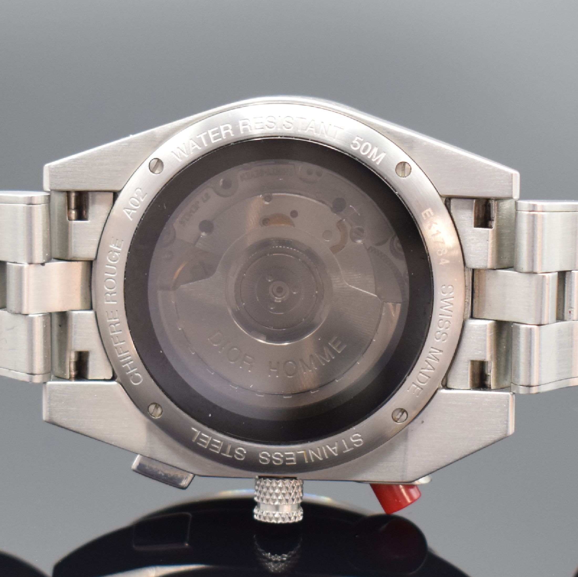 Detail e: DIOR Armbandchronograph Chiffre Rouge Referenz A02, Automatik, Schweiz um 2013, Edelstahlgeh. inkl. Gliederband m. Faltschl., beids. vergl., Boden ...