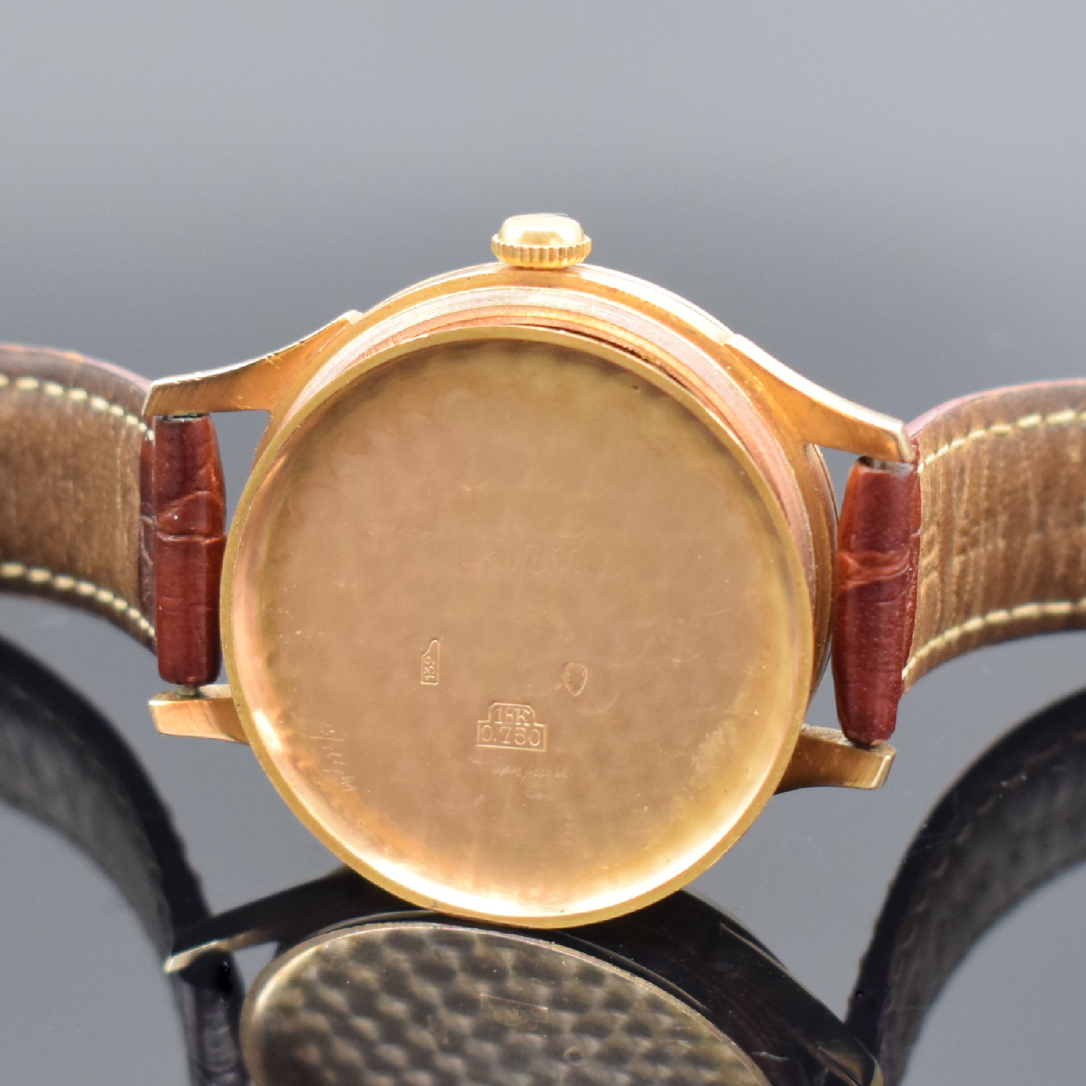 Detail f: LE PHARE Herrenarmbanduhr mit Vollkalenderanzeige in Roségold 750/000, Handaufzug, Schweiz um 1950, Boden & Glasrand aufgedr., vers. Bl., Anz. v. ...