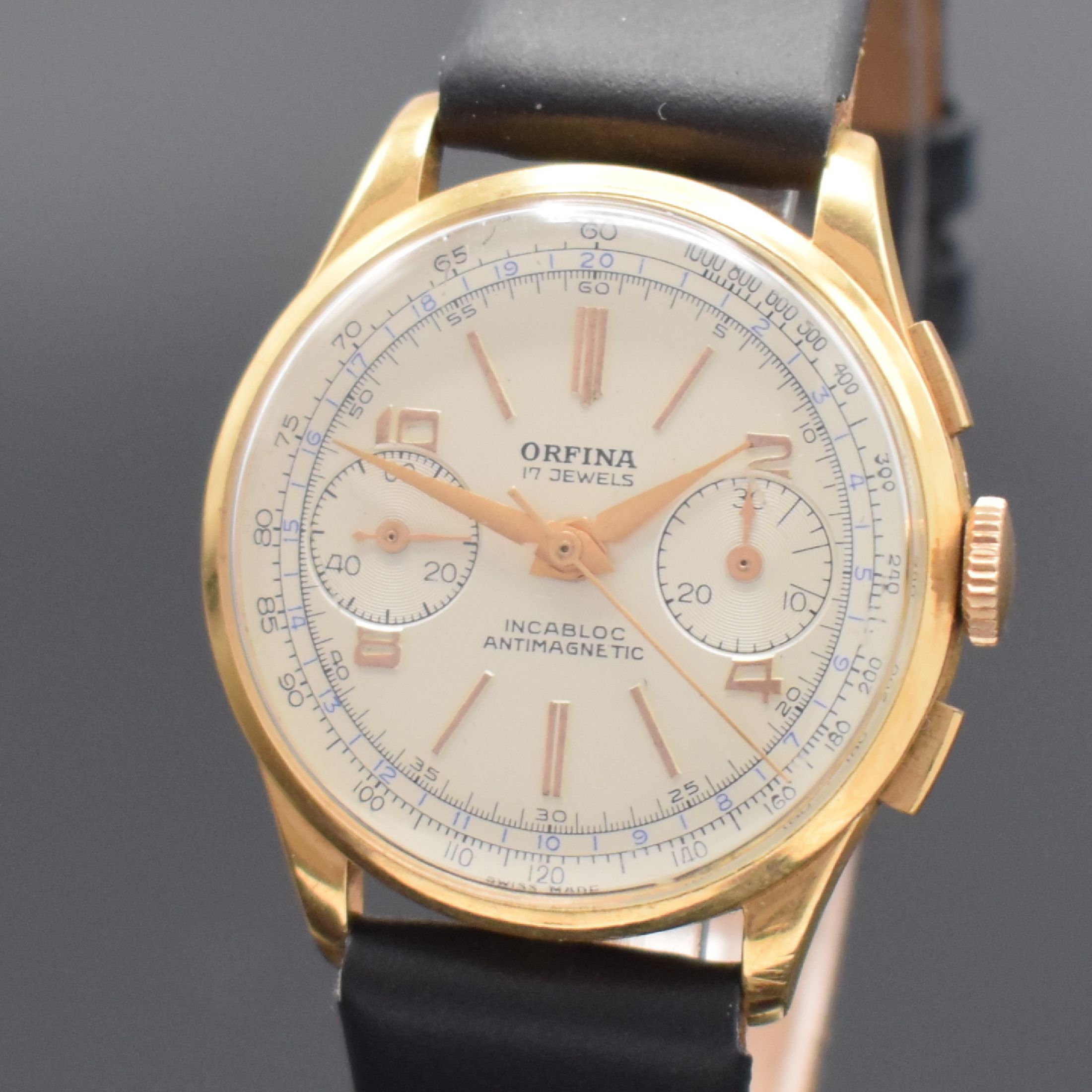 Detail a: ORFINA Armbandchronograph in Roségold 750/000, Schweiz um 1950, Glasrand, Boden & verg. Cuv. aufgedr., silb. Zifferbl., 30 Min.- Stoppz., Kal. ...