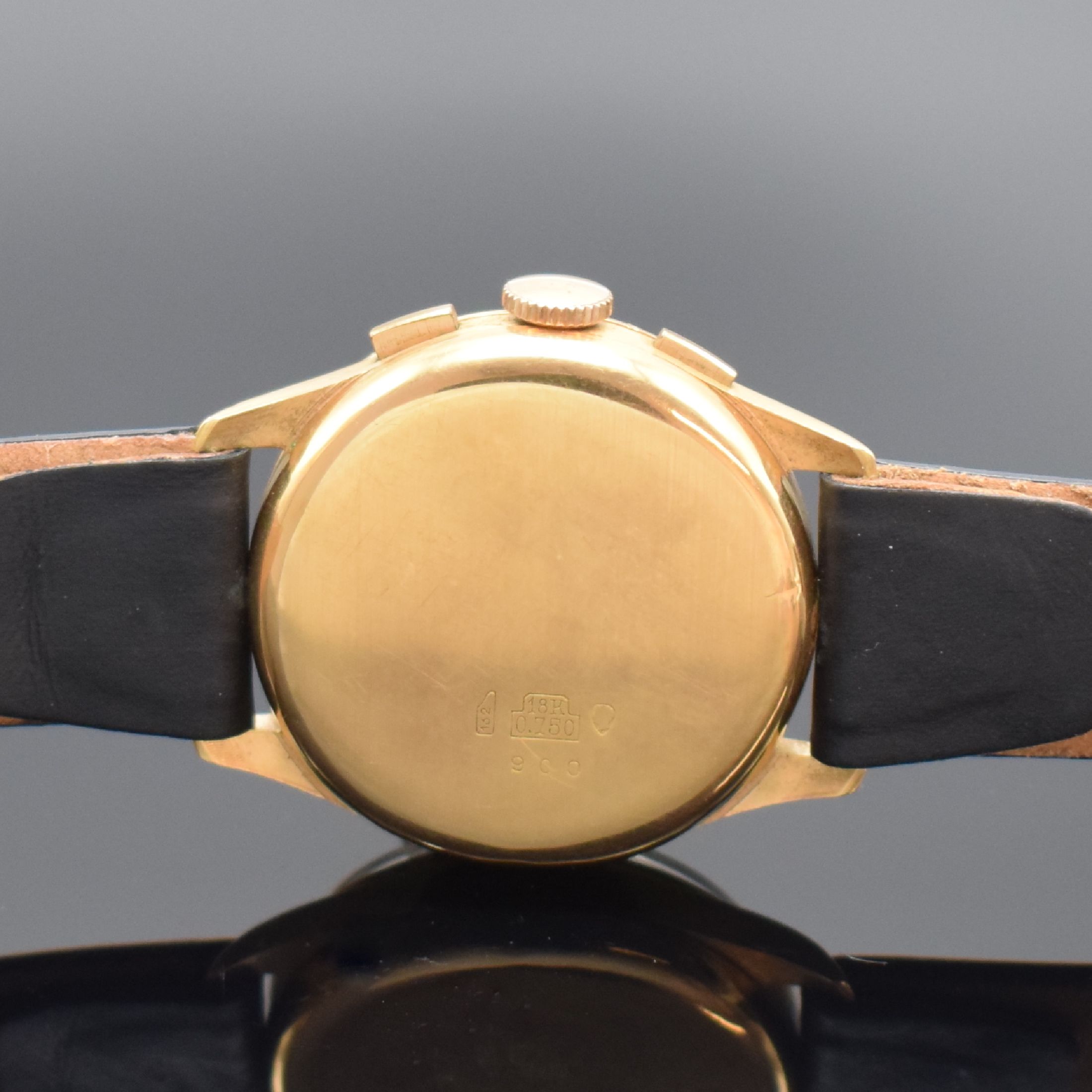 Detail b: ORFINA Armbandchronograph in Roségold 750/000, Schweiz um 1950, Glasrand, Boden & verg. Cuv. aufgedr., silb. Zifferbl., 30 Min.- Stoppz., Kal. ...