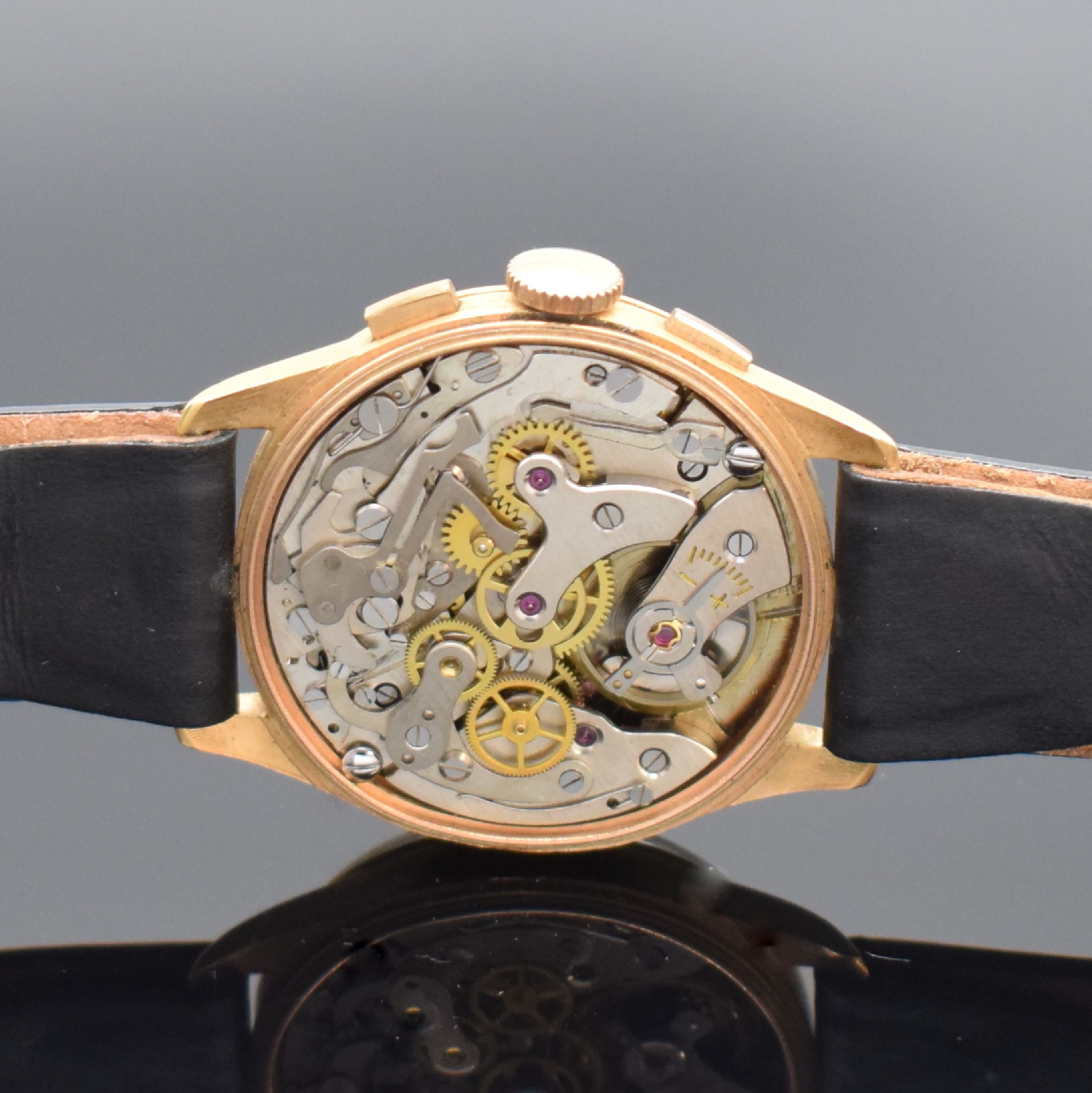 Detail c: ORFINA Armbandchronograph in Roségold 750/000, Schweiz um 1950, Glasrand, Boden & verg. Cuv. aufgedr., silb. Zifferbl., 30 Min.- Stoppz., Kal. ...