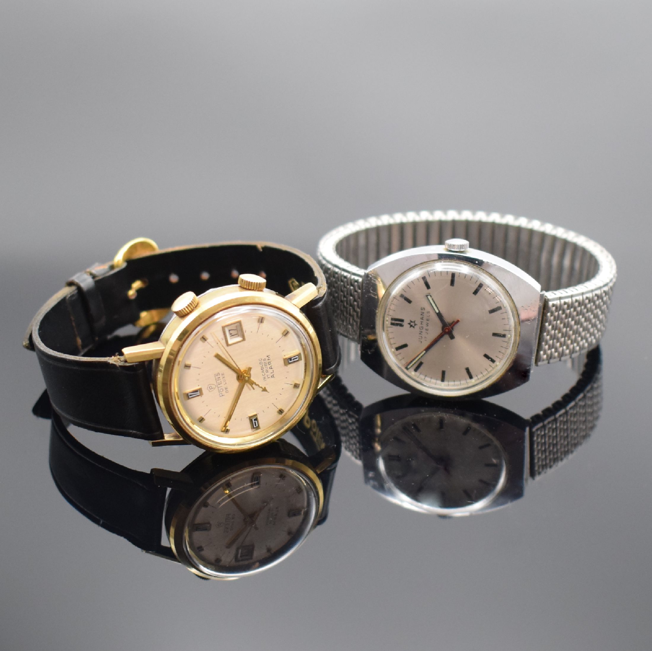 Detail a: Konvolut bestehend aus einem POTENS Armbandwecker & einer JUNGHANS Armbanduhr, Schweiz um 1970, beide Handaufzug, Potens De Luxe: verg. Geh., geschr. ...