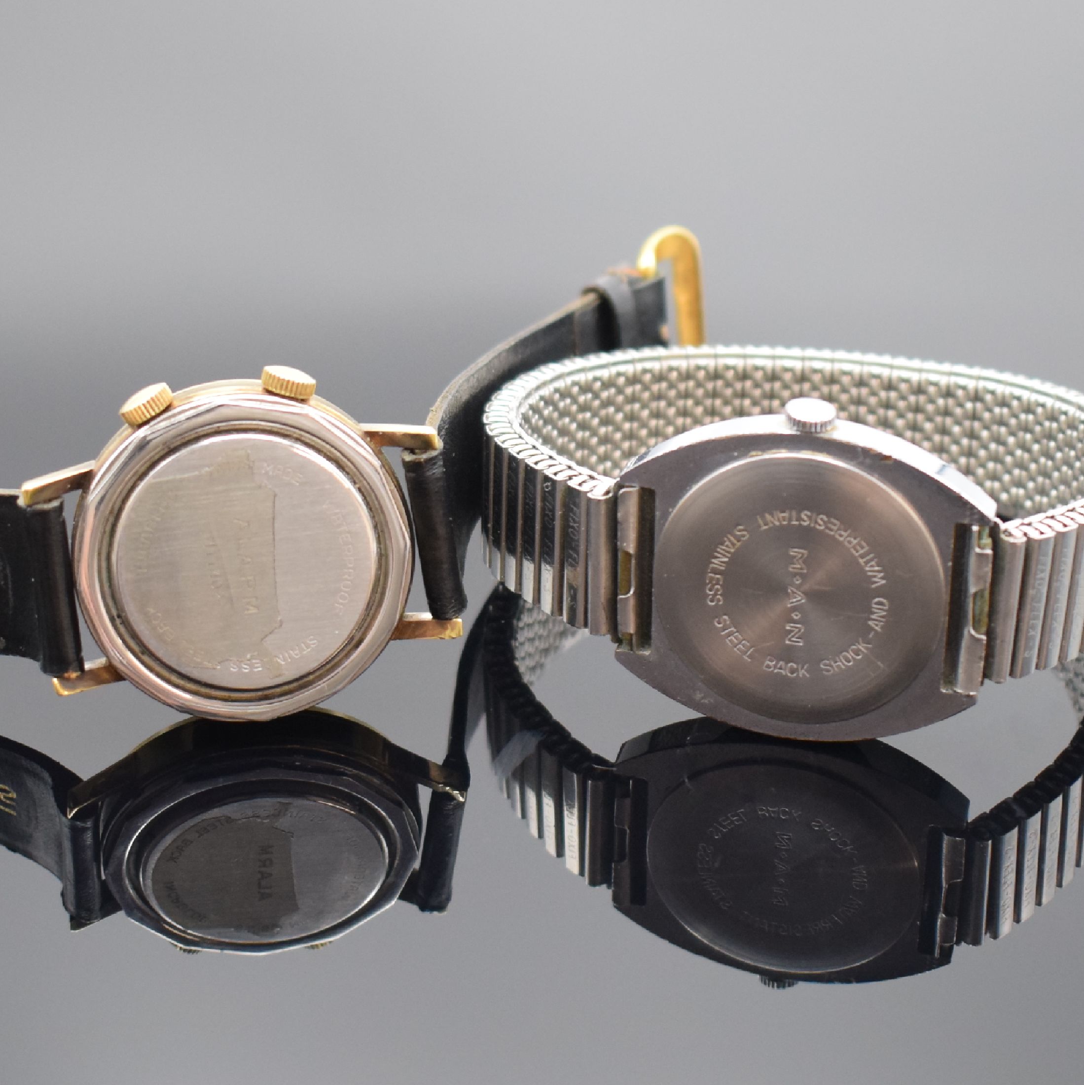 Detail b: Konvolut bestehend aus einem POTENS Armbandwecker & einer JUNGHANS Armbanduhr, Schweiz um 1970, beide Handaufzug, Potens De Luxe: verg. Geh., geschr. ...