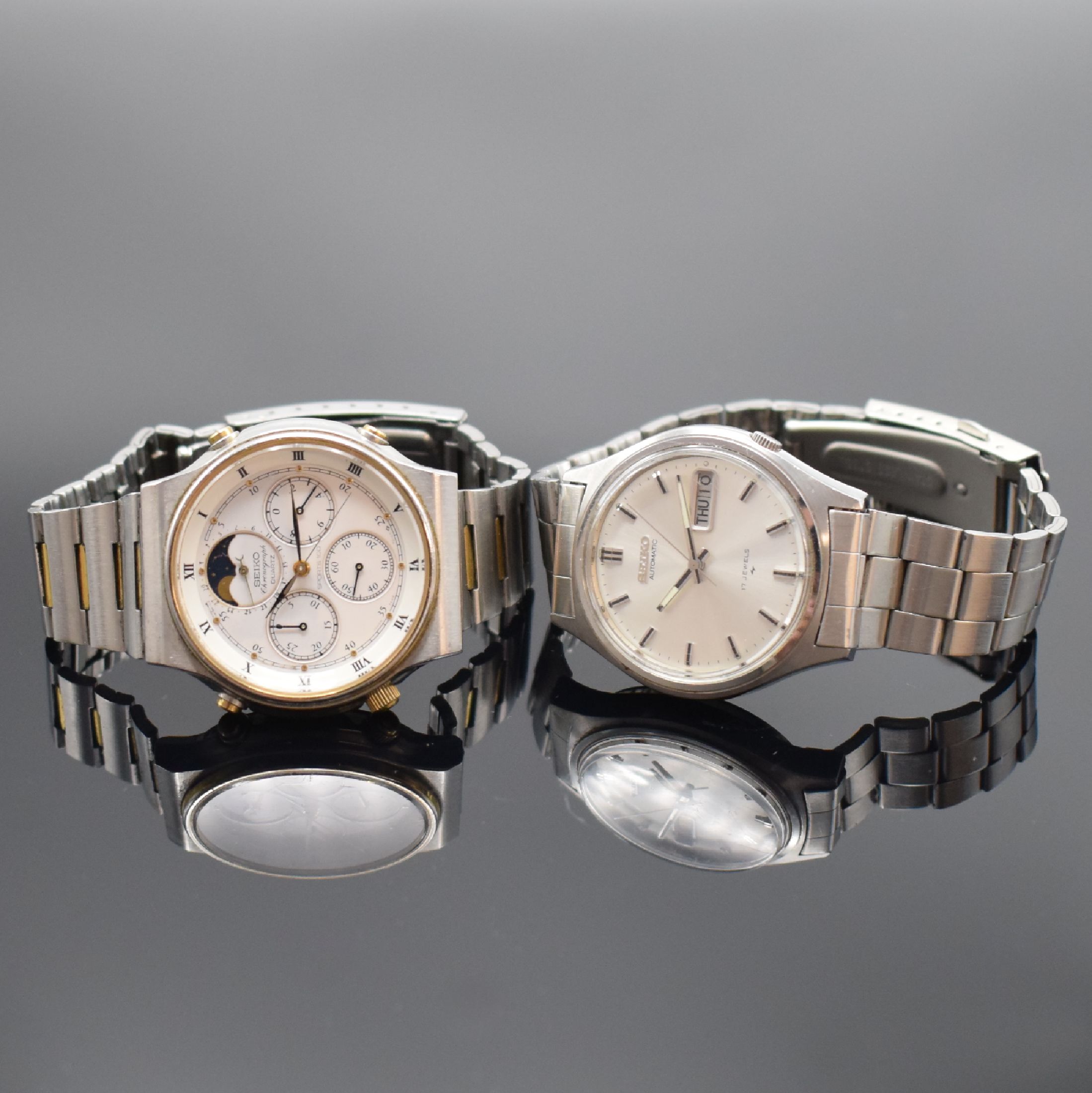 Detail a: Konvolut 2 SEIKO Armbanduhren, Japan um 1980/90, 1 x Automatik, Edelstahlgeh., Boden verschr., neutr. Gliederband m. Faltschl., silb. Zifferbl. m. ...