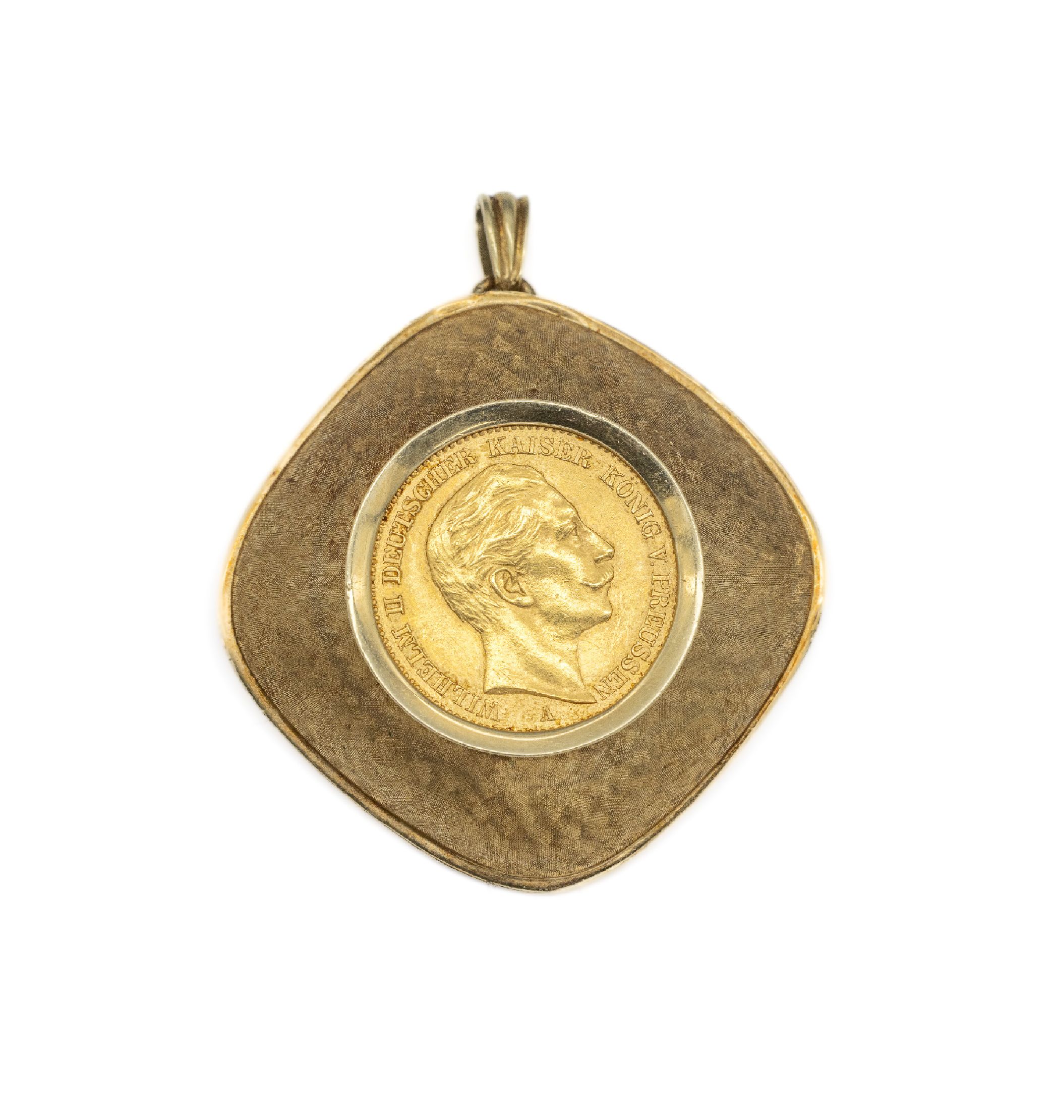 14 kt Gold Münz-Brosche, GG 585/000, 1950erJahre, quadratisch mit abgerundeten Ecken, mittig gefasste 20 Mark Goldmünze, Deutsches Reich Kaiser ...