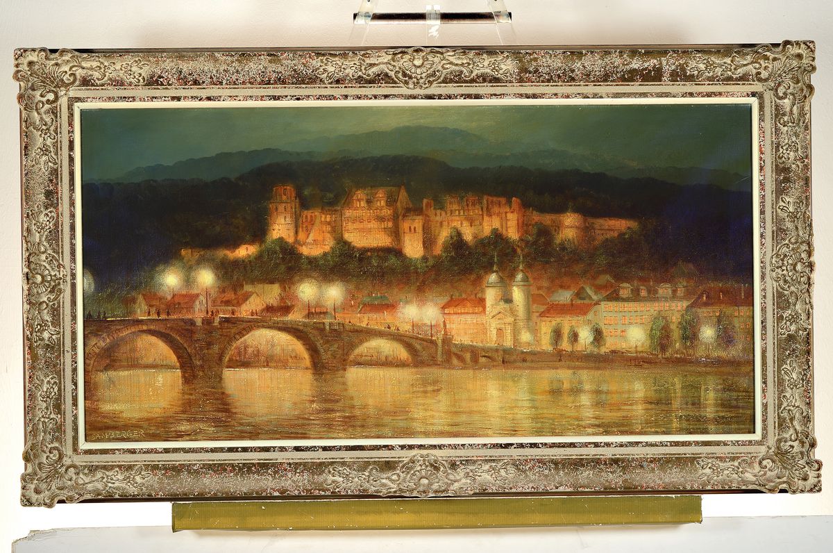Detail k: Peter Samberger, Künstler des 20.Jh., Studium an der Akademie Wien, Ansicht aus Heidelberg, nächtlicher Blick über die Alte Brücke auf das ...