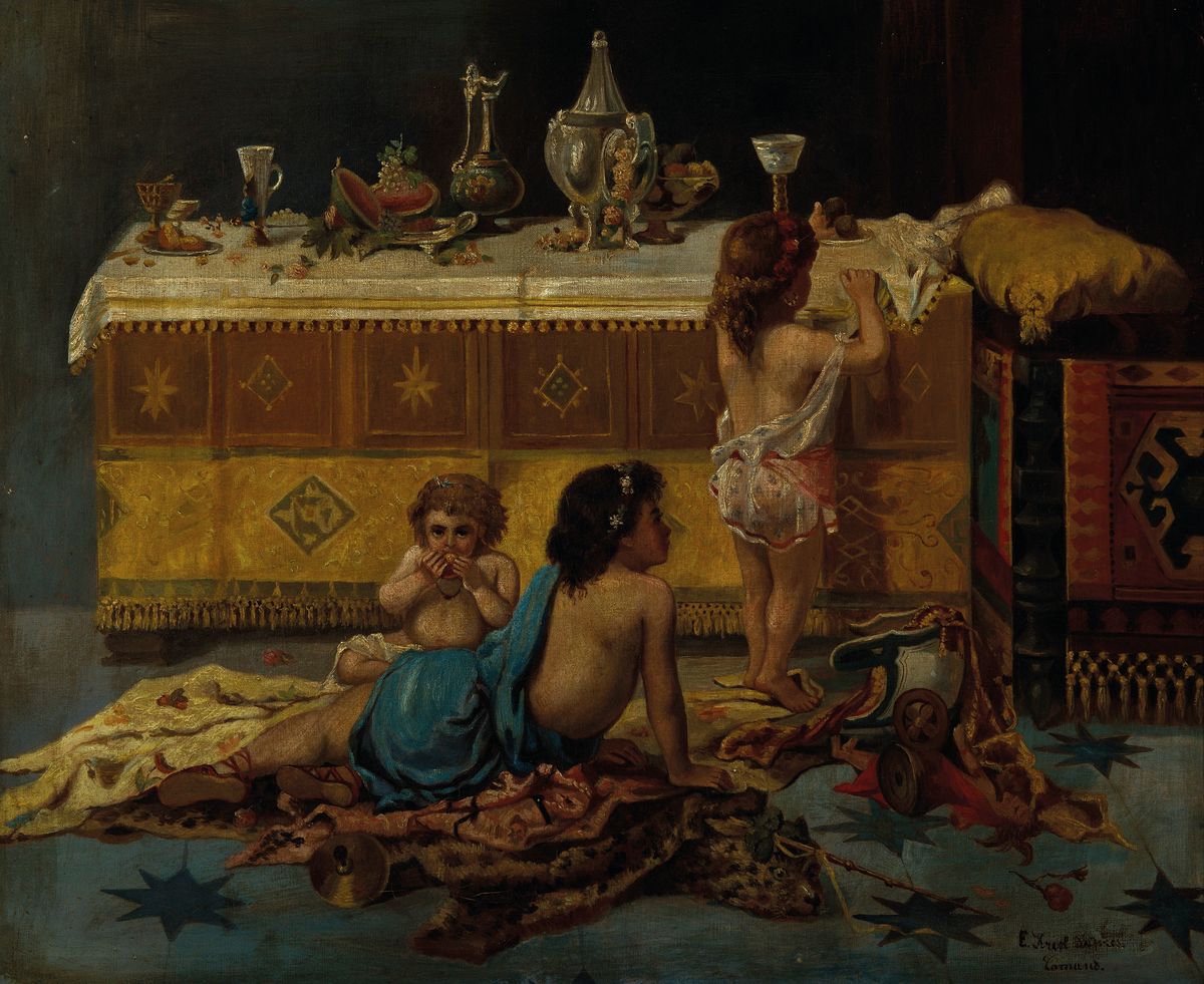 Eugene Kriel, geb. 1878, Kinder vor einem reich gedeckten Buffet, Öl/Lwd, rechts unten signiert: E. Kriel d'apres Comund, ca. 45x54 cm, R. ca. ...