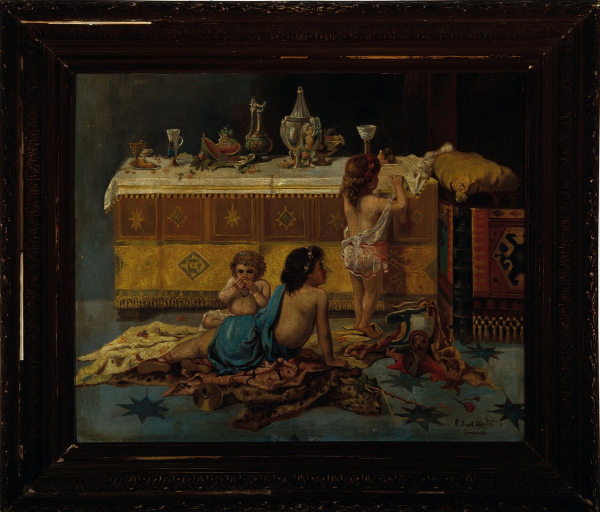 Detail k: Eugene Kriel, geb. 1878, Kinder vor einem reich gedeckten Buffet, Öl/Lwd, rechts unten signiert: E. Kriel d'apres Comund, ca. 45x54 cm, R. ca. ...