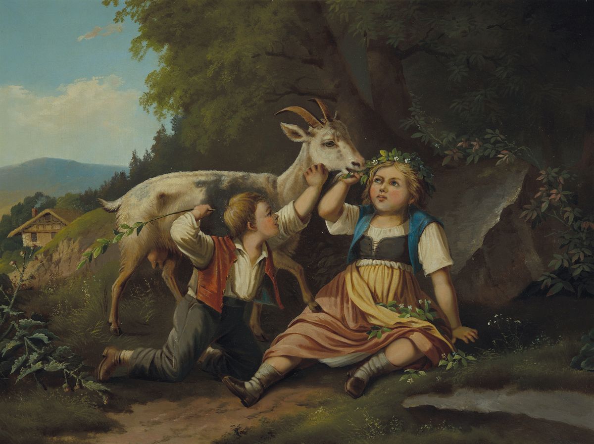 Rudolf Gaupmann, 1815 Wien-1877 Graz, zwei Kinder mit einer frechen Ziege, die den Blumenkranz des Mädchens anknabbert, Öl/Lwd, rest., mittig unten ...