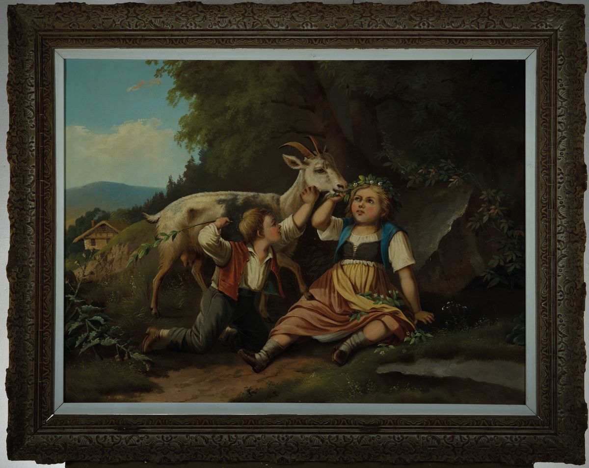 Detail k: Rudolf Gaupmann, 1815 Wien-1877 Graz, zwei Kinder mit einer frechen Ziege, die den Blumenkranz des Mädchens anknabbert, Öl/Lwd, rest., mittig unten ...