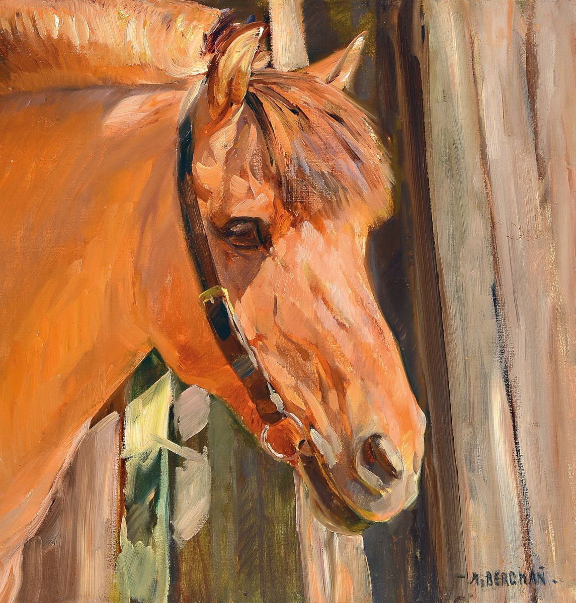 Max Bergmann, 1884 Fürstenberg-1955 Haimhausen, Pferdekopf, Öl/Lwd, doubliert, rechts unten signiert, ca. 65x62cm, R. ca. 79x76cm