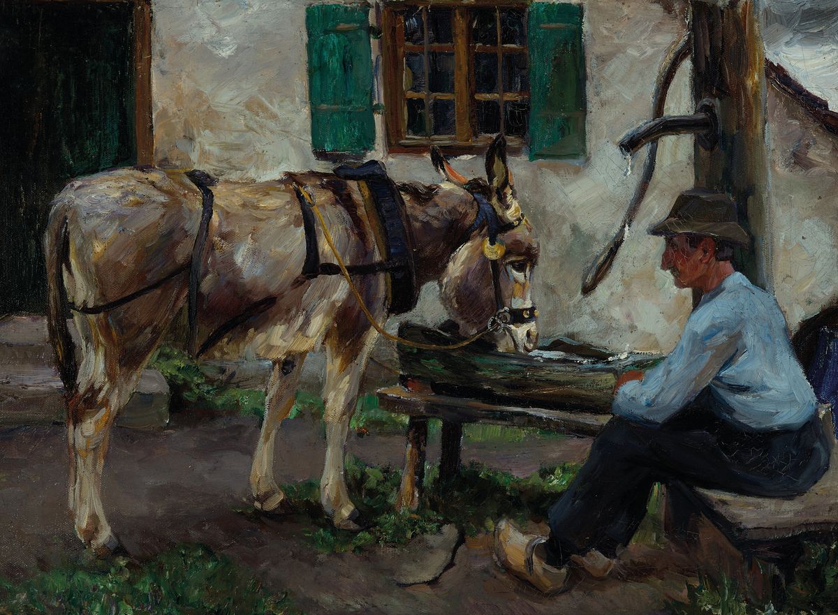 Max Bergmann, 1884 Fürstenberg-1955 Haimhausen, Esel an der Tränke, Öl/Lwd, unsigniert, rückseitig auf altem Etikett bezeichnet: Max Bergmann ...