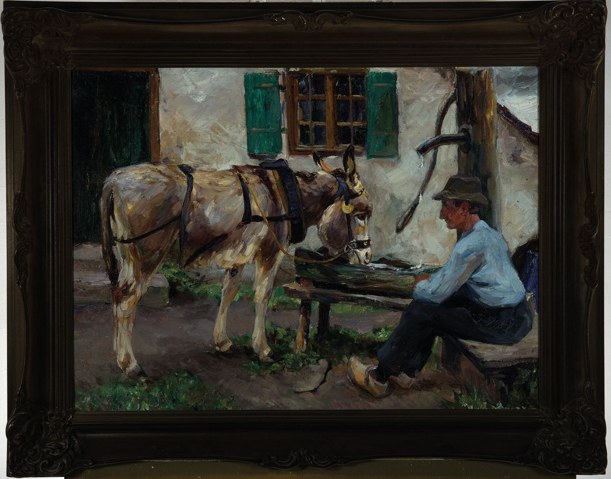 Detail k: Max Bergmann, 1884 Fürstenberg-1955 Haimhausen, Esel an der Tränke, Öl/Lwd, unsigniert, rückseitig auf altem Etikett bezeichnet: Max Bergmann ...