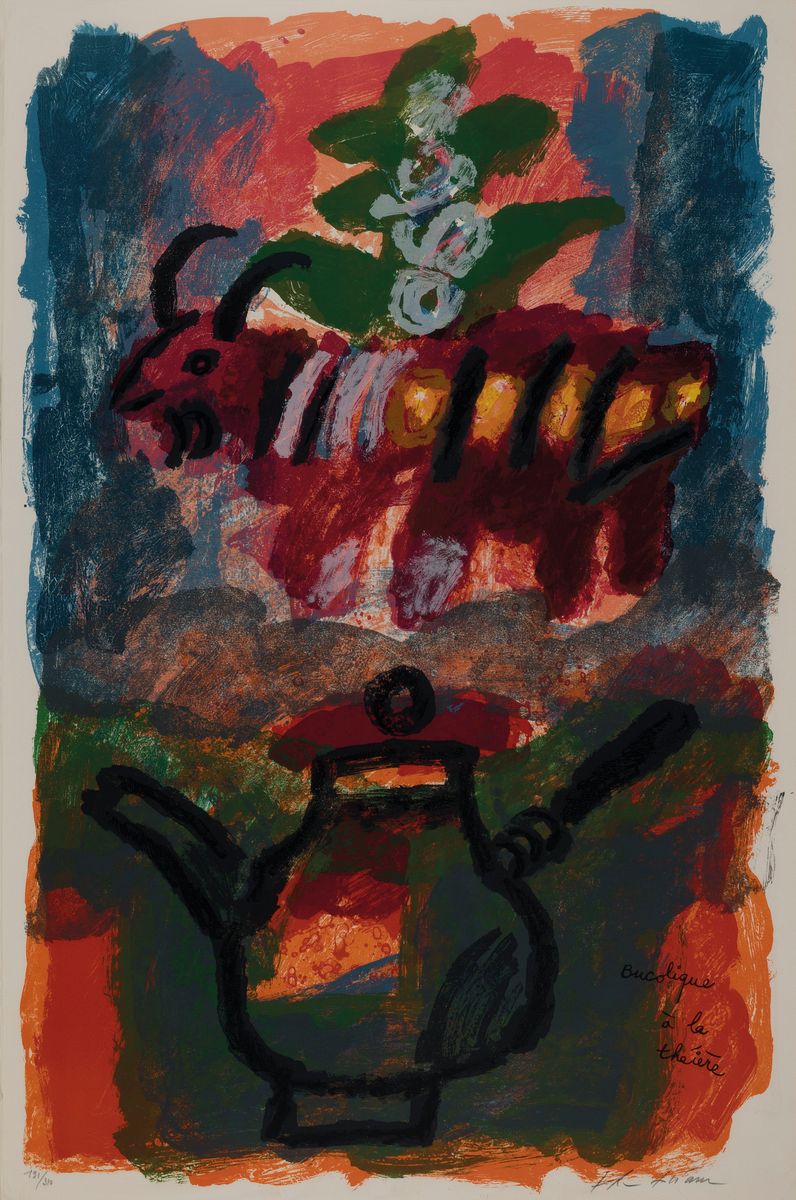 Théo Tobiasse, 1927 Tel Aviv-2012 Cagnes-sur- Mer, Bucolique a la théière, Farblithographie, handsigniert und num. 191/ 310, ca. 88x55cm, u.Gl., ...