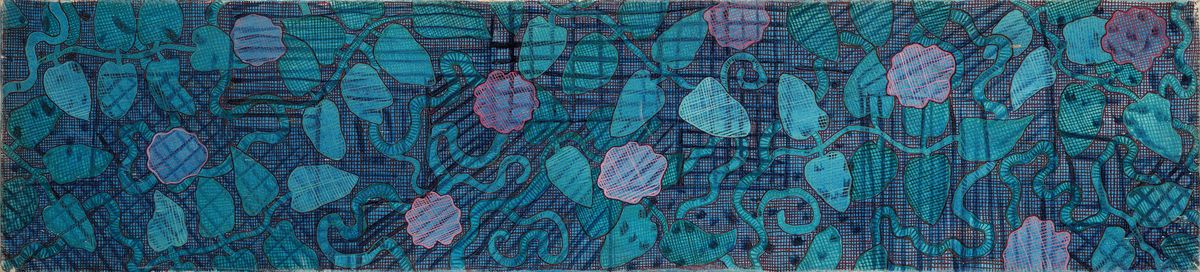 Detail a: Hermann Schütte, 1893 Osnabrück-1973 Hamburg, 2 Pendants, abstrakte Blumenwinden auf geometrischen Mustern, Öl/Lwd, leichte Farbabreibungen, je ...
