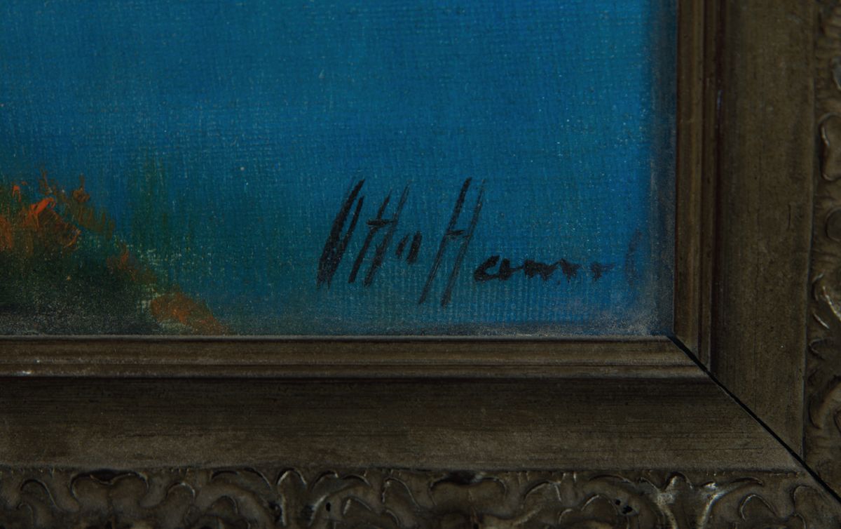 Detail a: Otto Hamel, 1866 Erfurt-1950 Lohr am Main, Blick auf die Amalfiküste, im Hintergrund der rauchende Vesuv, Öl/Lwd, rechts unten signiert, ca. ...