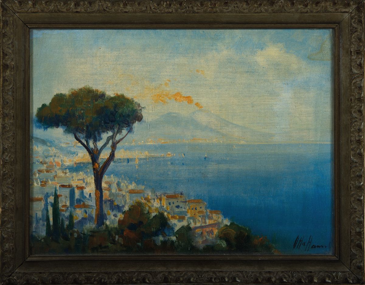 Detail k: Otto Hamel, 1866 Erfurt-1950 Lohr am Main, Blick auf die Amalfiküste, im Hintergrund der rauchende Vesuv, Öl/Lwd, rechts unten signiert, ca. ...