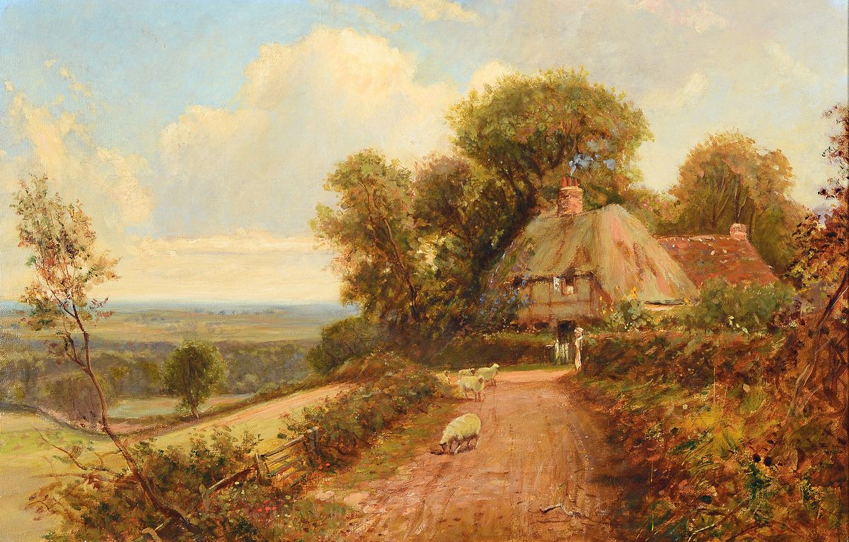 R. Jenson, britischer Künstler des späten 19. Jh., Gehöft mit Blick über eine weite Landschaft, rechts unten signiert, Öl/Lwd, 55x36 cm, Rahmen ...