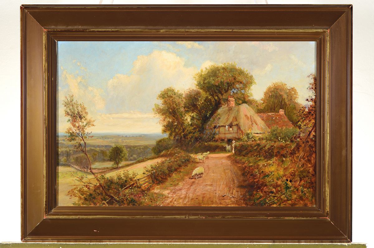 Detail k: R. Jenson, britischer Künstler des späten 19. Jh., Gehöft mit Blick über eine weite Landschaft, rechts unten signiert, Öl/Lwd, 55x36 cm, Rahmen ...