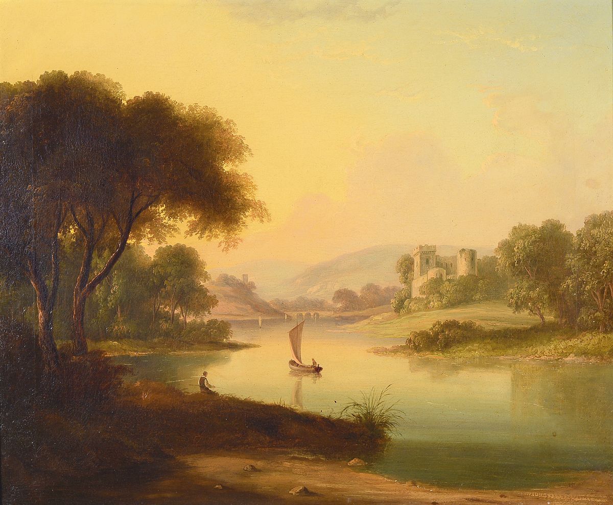 Unbekannter Spätromantiker, Mitte/Ende 19.Jh., romantische Flusslandschaft im Abendlicht, gesäumt von Burgruinen und Personen, Öl/Lwd, rest., ...