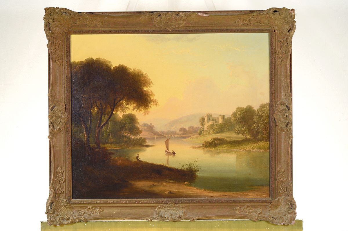 Detail k: Unbekannter Spätromantiker, Mitte/Ende 19.Jh., romantische Flusslandschaft im Abendlicht, gesäumt von Burgruinen und Personen, Öl/Lwd, rest., ...