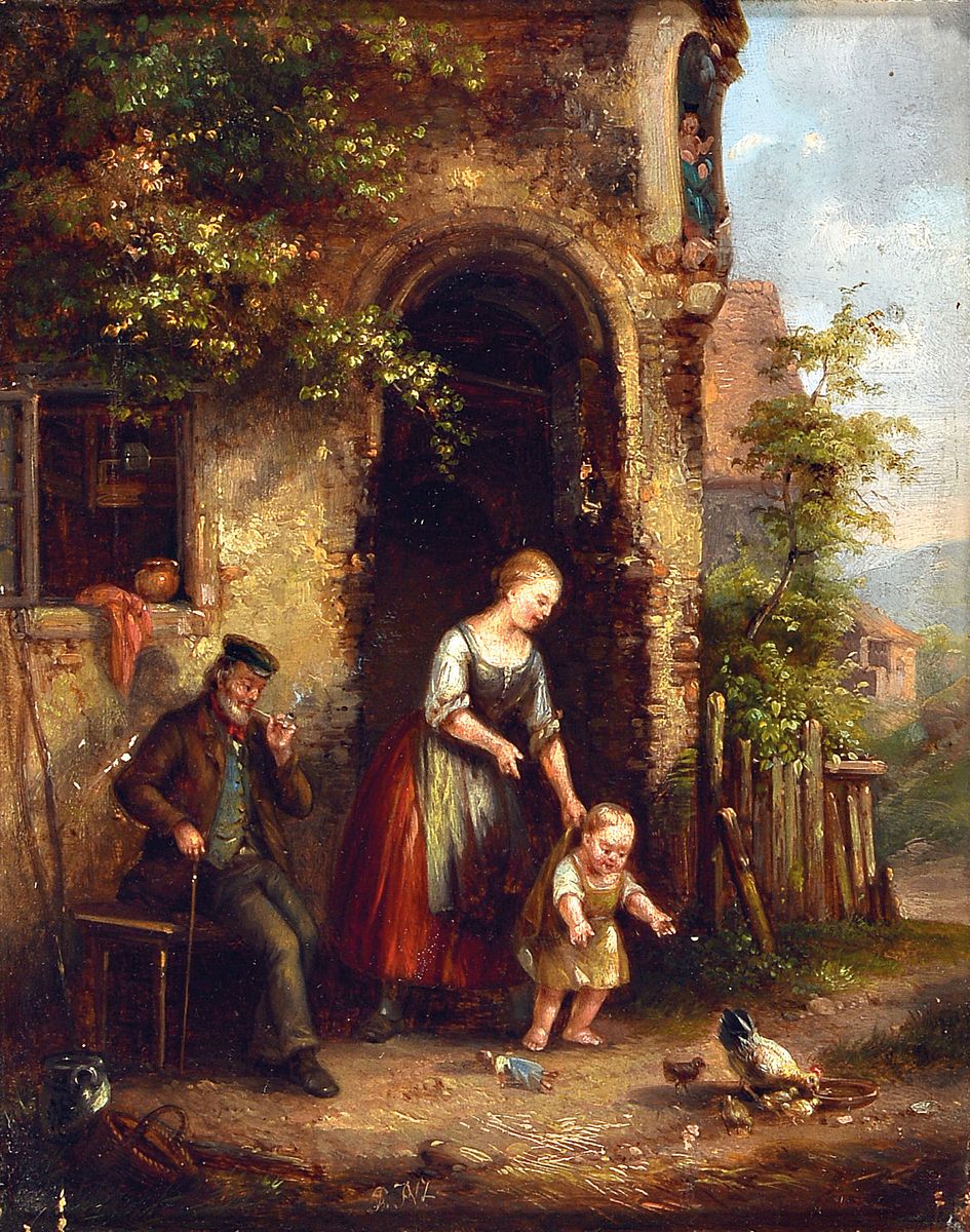 Unbekannter Monogrammist, 2.H.19.Jh., romantisierende Genreszene, junge Frau mit Kleinkind vor ruinenhaftem Hauseingang, daneben rauchender älterer ...