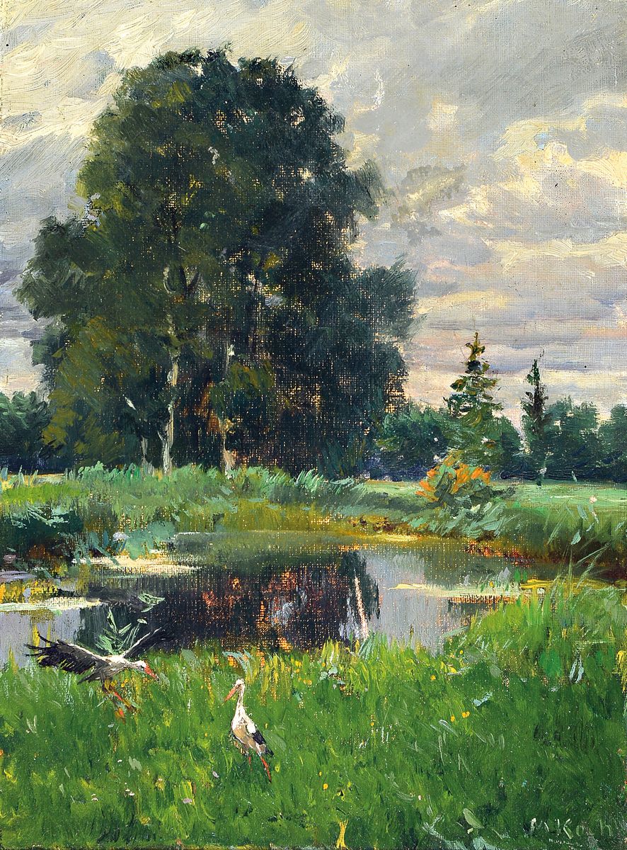Michel Koch, 1853-1927, belebte Landschaft, Waldlichtung mit Teich und zwei Störchen im dichten Grün, rechts unten signiert, Öl/Lwd, rest., ...