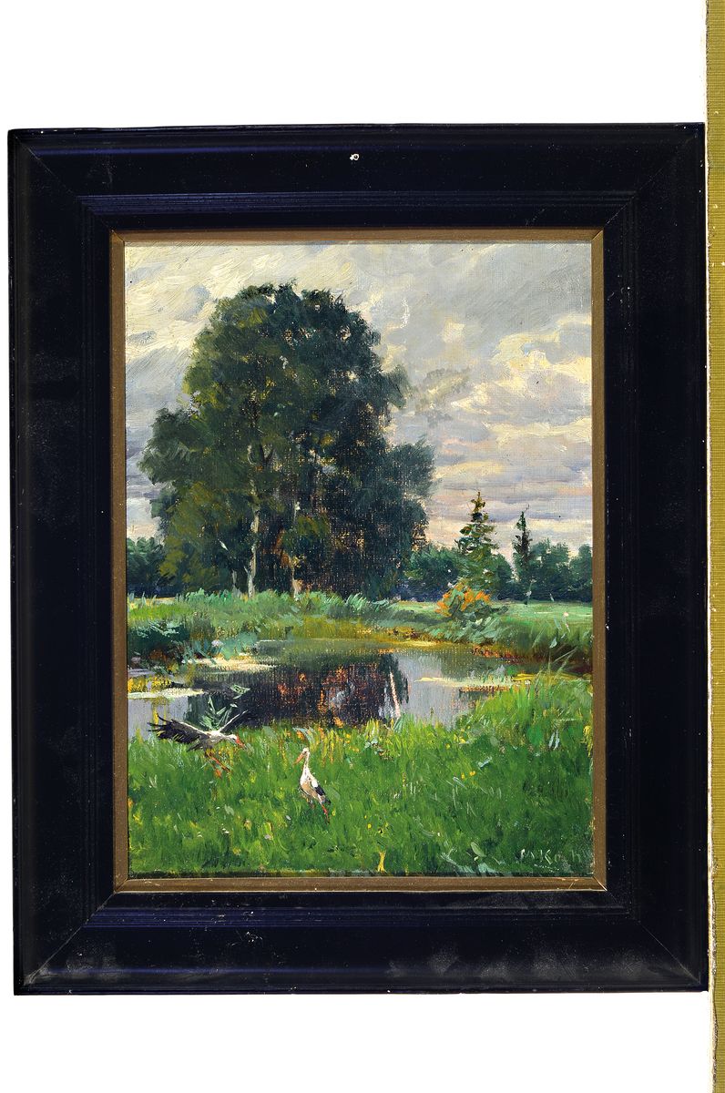 Detail k: Michel Koch, 1853-1927, belebte Landschaft, Waldlichtung mit Teich und zwei Störchen im dichten Grün, rechts unten signiert, Öl/Lwd, rest., ...
