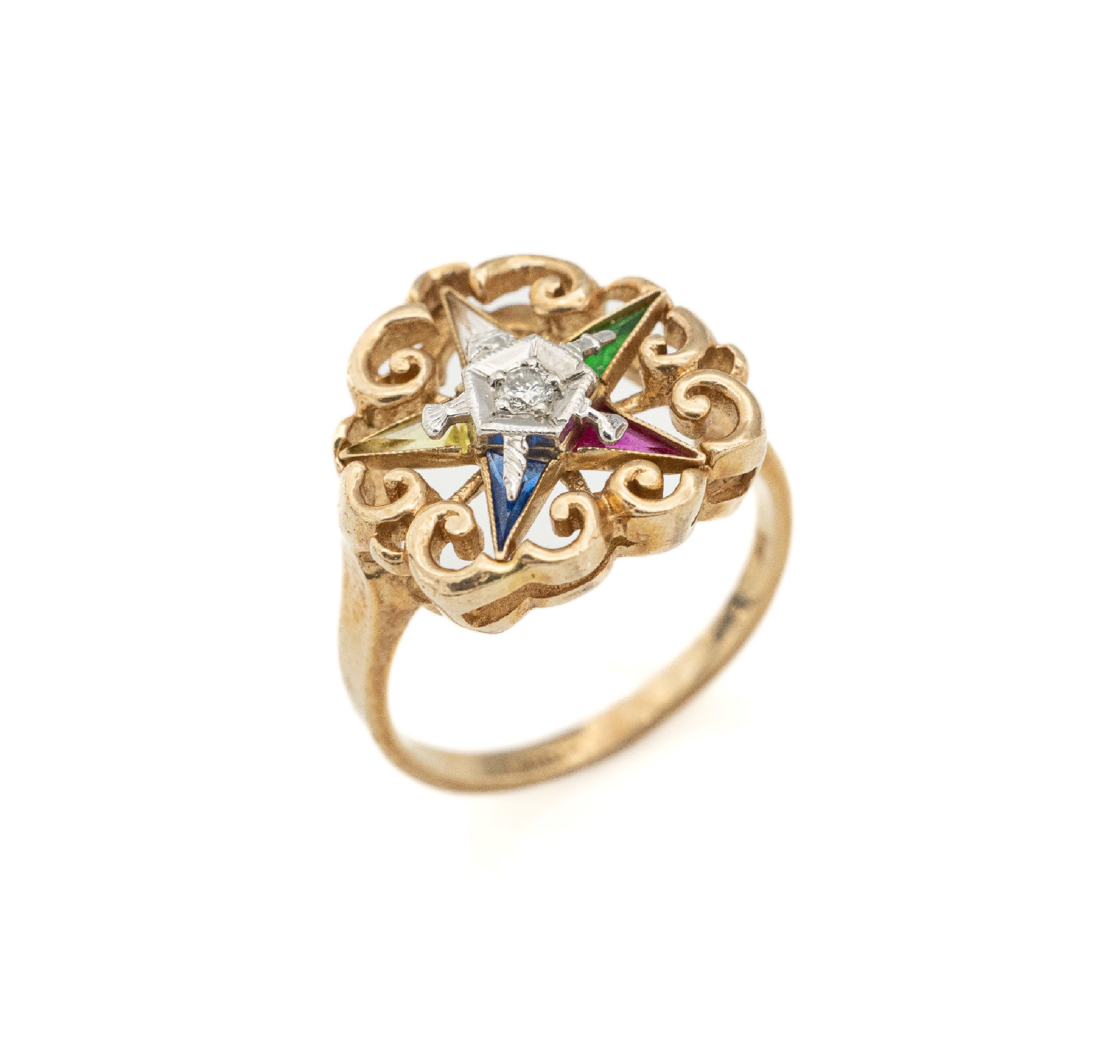14 kt Gold Freimaurerring, GG/WG 585/000, Stern mit bunten Glas-Triangeln, mittig 1 Brillant ca. 0.04 ct Weiß/si, versch. Freimaurer-Embleme, ...