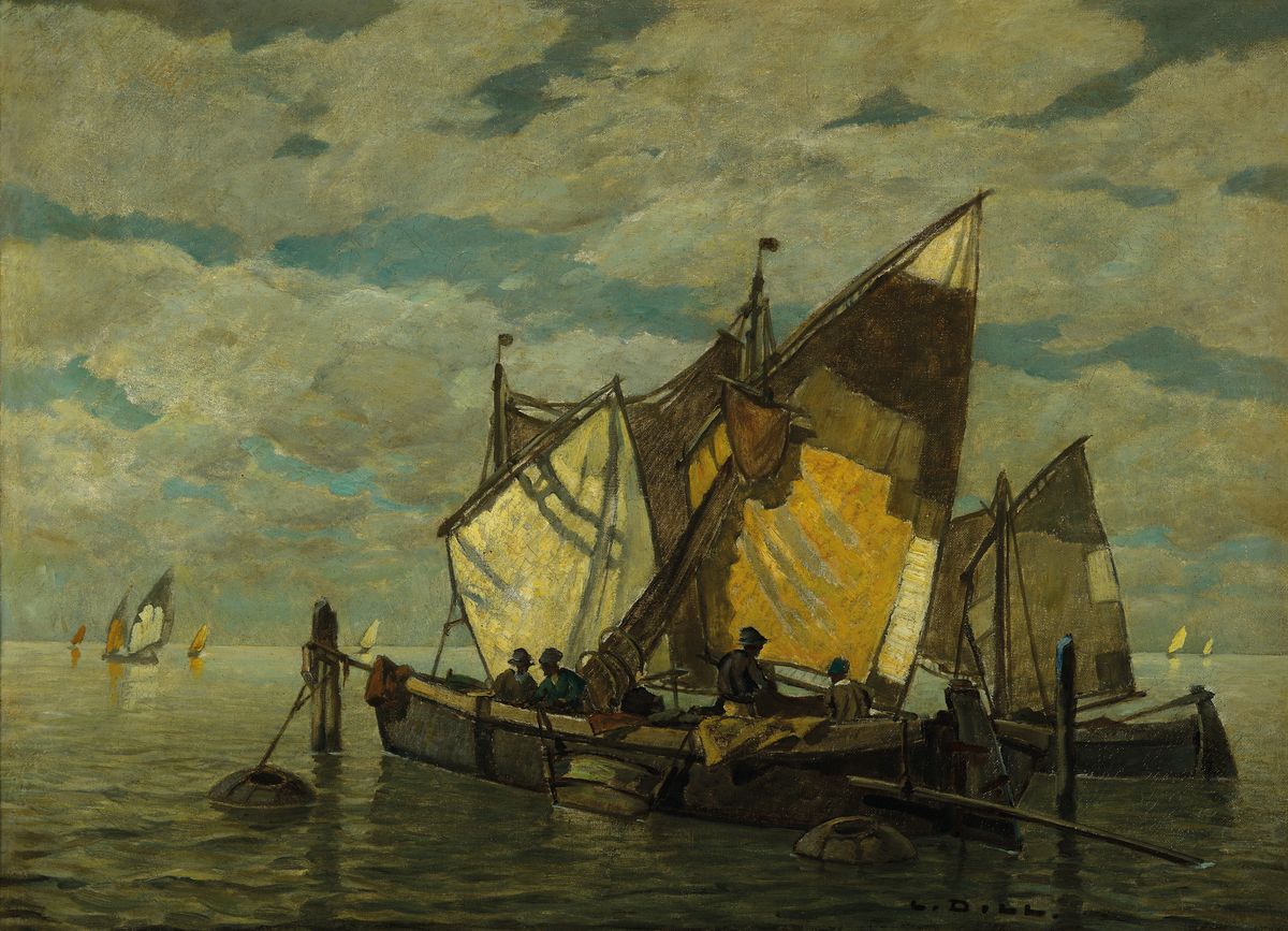 Ludwig Dill, 1848 Gernsbach-1940 Karlsruhe, Fischerboote bei Chioggia, Öl/Lwd, rechts unten signiert, ca. 60x80cm, R. ca. 76x96cm