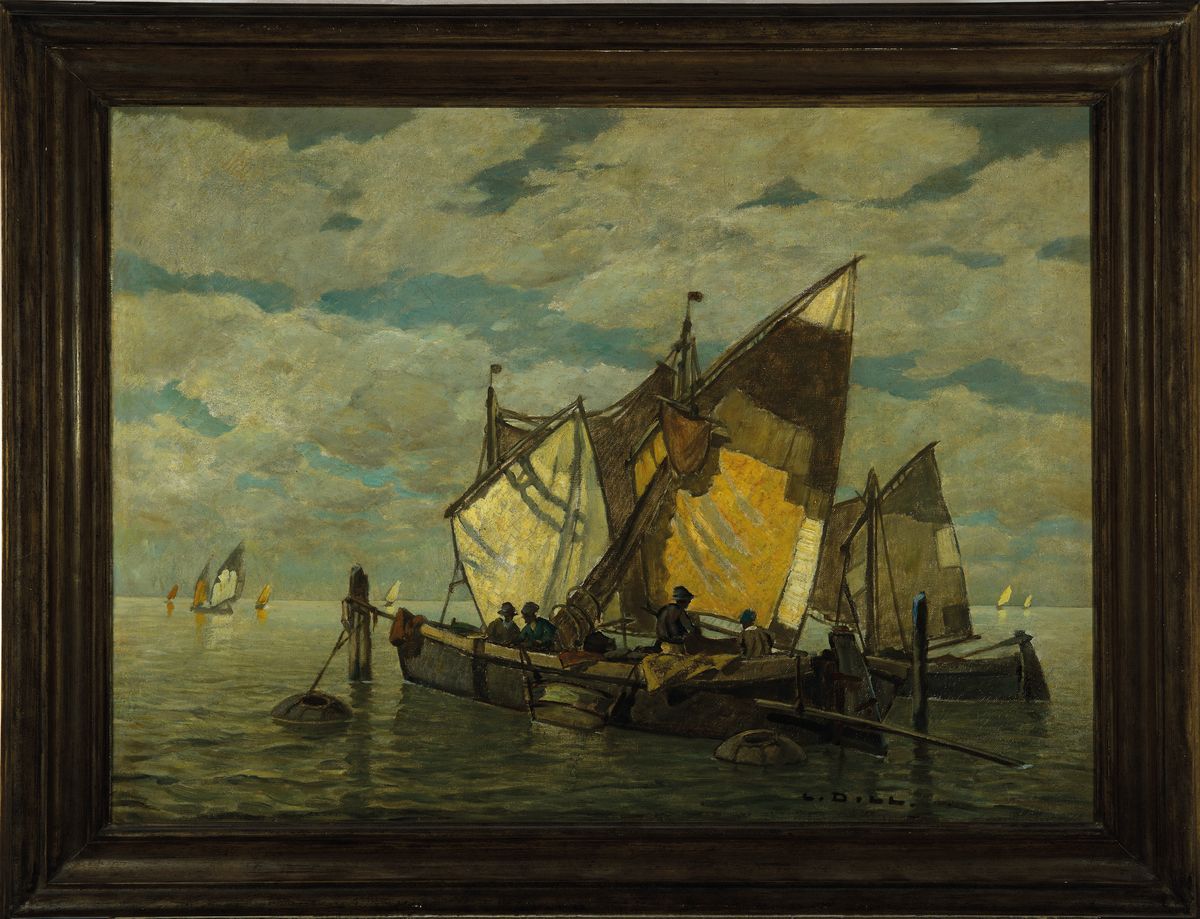 Detail k: Ludwig Dill, 1848 Gernsbach-1940 Karlsruhe, Fischerboote bei Chioggia, Öl/Lwd, rechts unten signiert, ca. 60x80cm, R. ca. 76x96cm