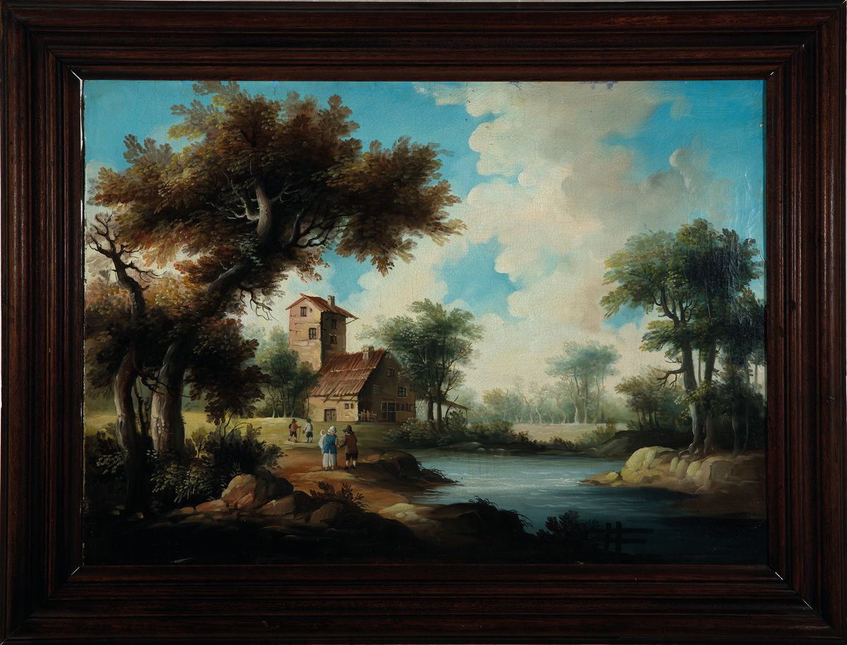 Detail k: Unbekannter Maler, Niederlande, 19. Jh., Flußuferlandschaft mit Gebäuden und Personen, Öl/Lwd, ca. 50x70cm, R. ca. 64x84cm