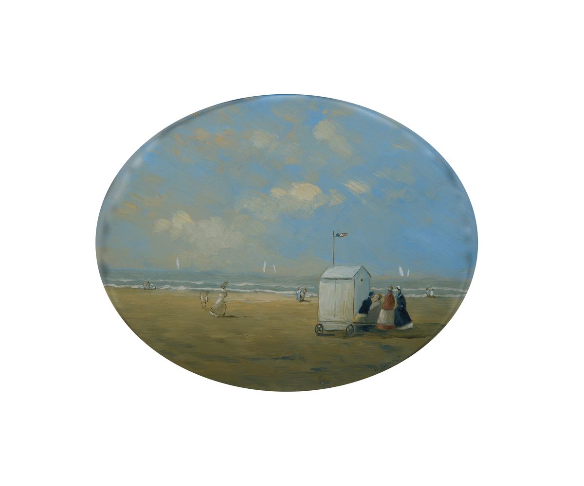 V. Dumont, Maler des frühen 20. Jh., Szene am Strand, Öl/Holz, rechts unten signiert, im Oval ca. 21x27cm, Rahmen mit Durchbrucharbeit ca. 34x40cm, ...