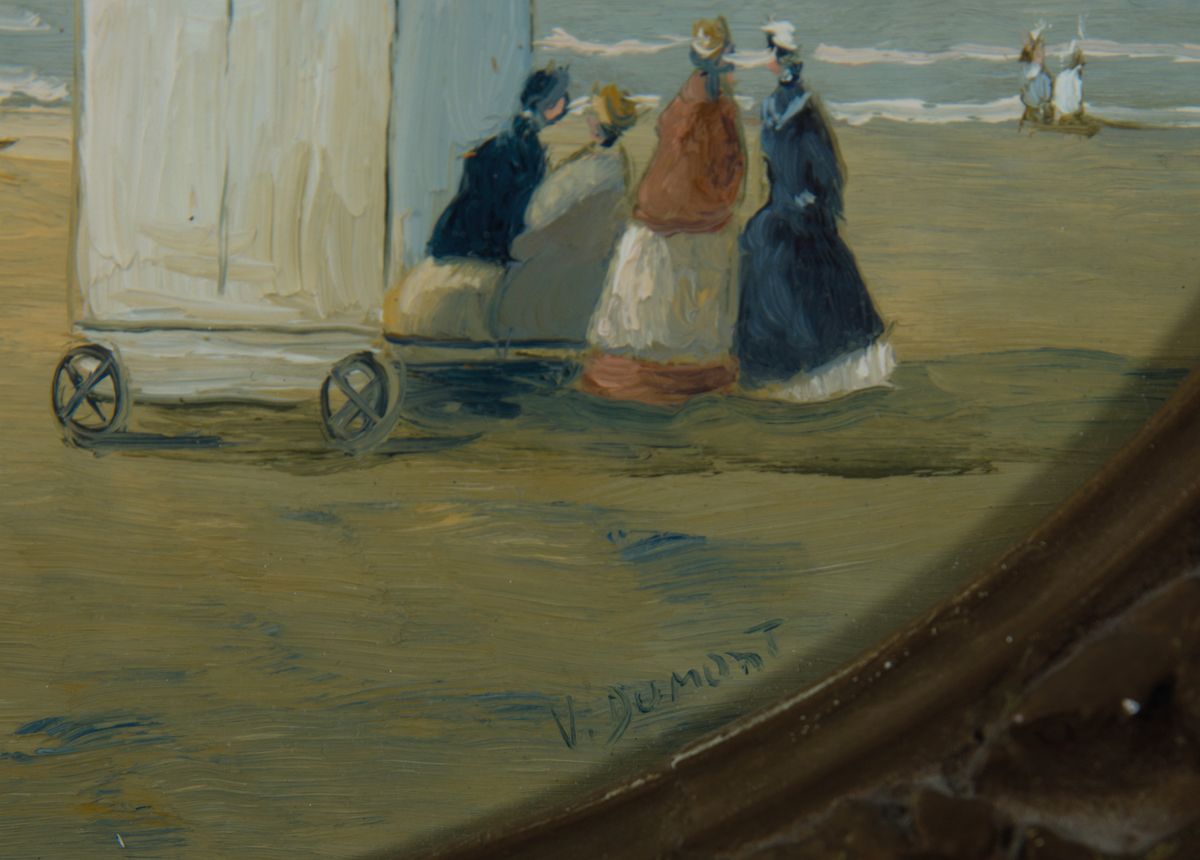 Detail a: V. Dumont, Maler des frühen 20. Jh., Szene am Strand, Öl/Holz, rechts unten signiert, im Oval ca. 21x27cm, Rahmen mit Durchbrucharbeit ca. 34x40cm, ...