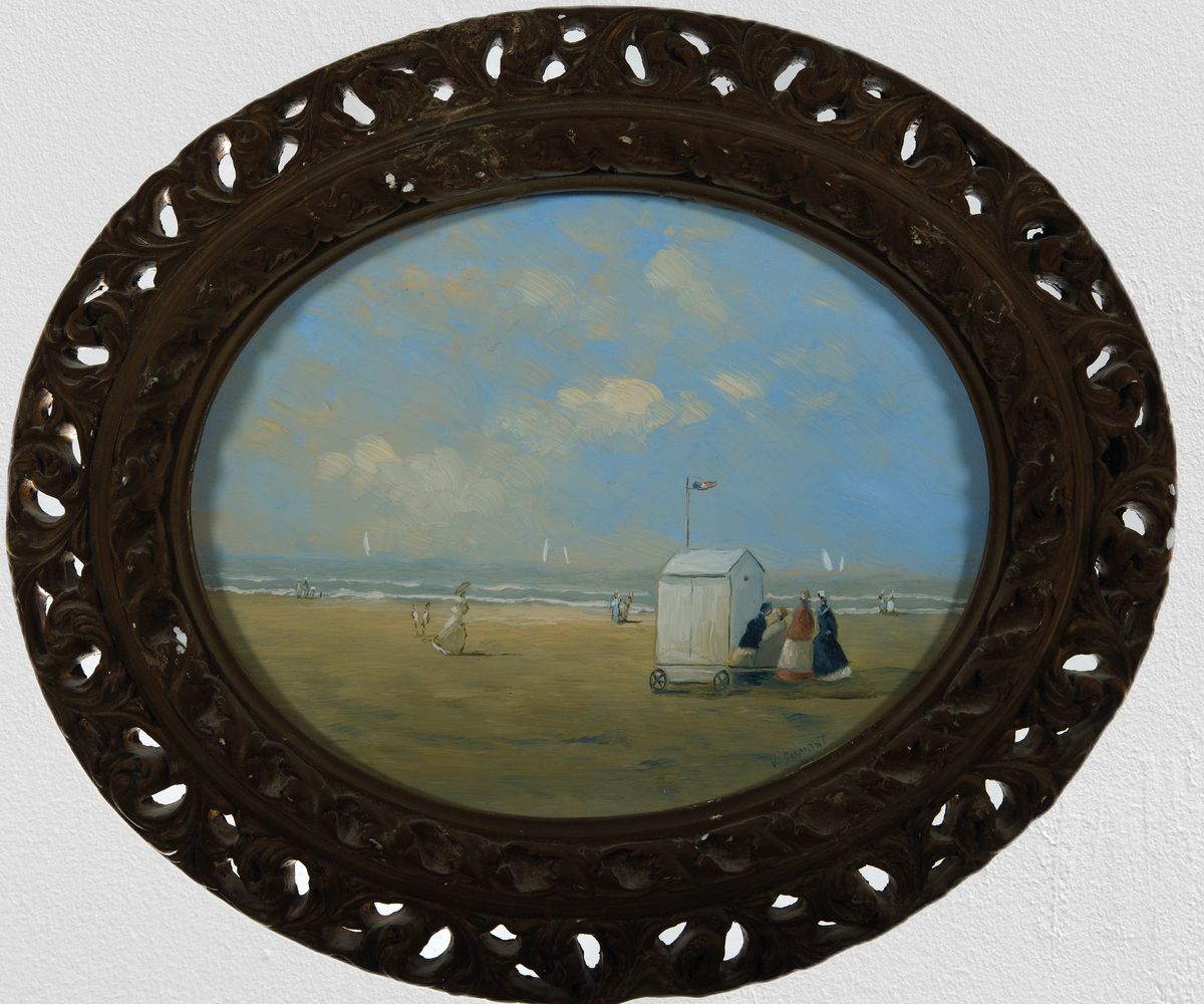 Detail k: V. Dumont, Maler des frühen 20. Jh., Szene am Strand, Öl/Holz, rechts unten signiert, im Oval ca. 21x27cm, Rahmen mit Durchbrucharbeit ca. 34x40cm, ...