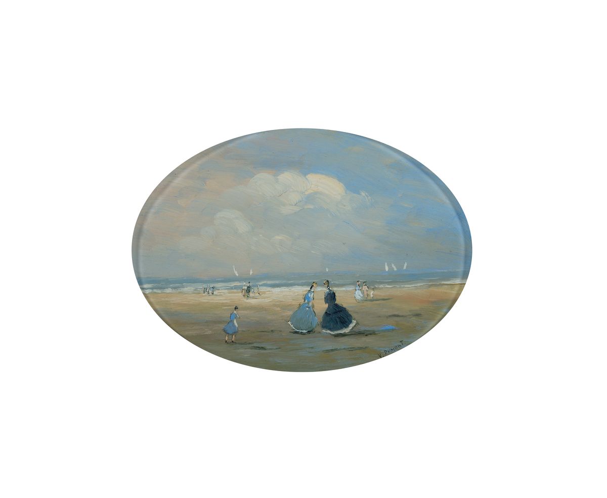 V. Dumont, Maler des frühen 20. Jh., Szene am Strand, Öl/Holz, rechts unten signiert, im Oval ca. 18x22cm, Rahmen mit Durchbrucharbeit ca. 31x37cm, ...