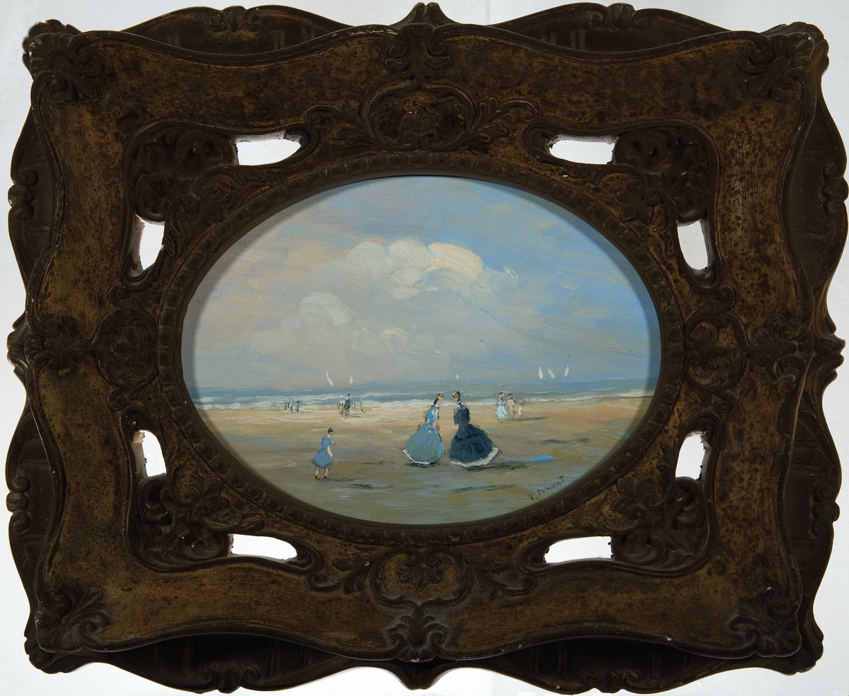 Detail k: V. Dumont, Maler des frühen 20. Jh., Szene am Strand, Öl/Holz, rechts unten signiert, im Oval ca. 18x22cm, Rahmen mit Durchbrucharbeit ca. 31x37cm, ...