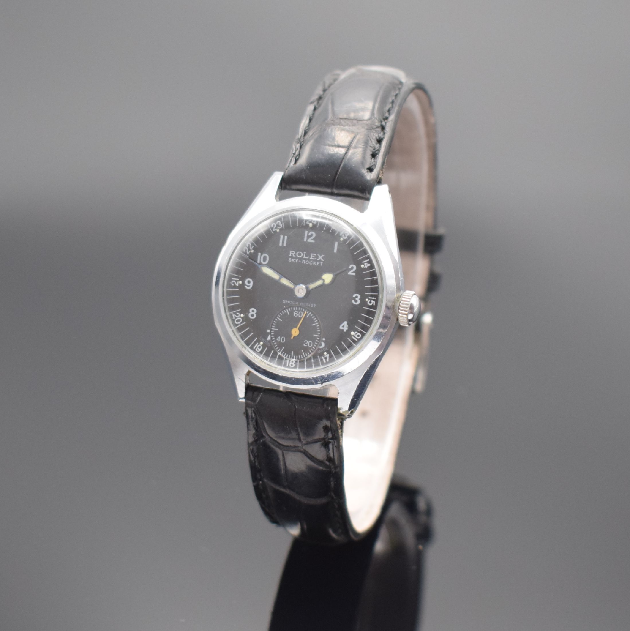 ROLEX seltene Herrenarmbanduhr Sky-Rocket, Handaufzug, Schweiz / USA für den nordamerikanischen Markt um 1942, Metall verchromt, Edelstahlboden m. ...