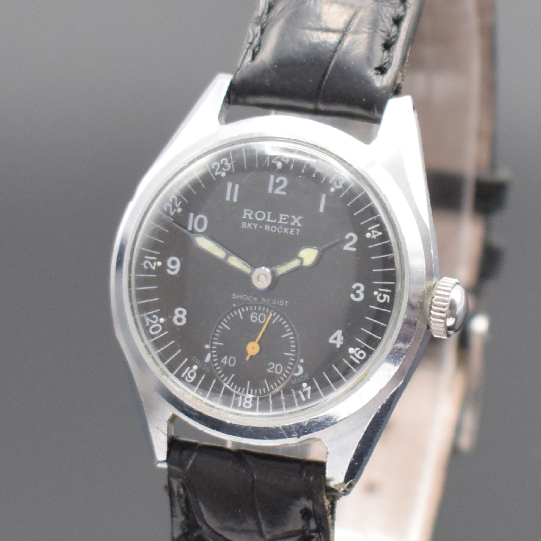 Detail a: ROLEX seltene Herrenarmbanduhr Sky-Rocket, Handaufzug, Schweiz / USA für den nordamerikanischen Markt um 1942, Metall verchromt, Edelstahlboden m. ...