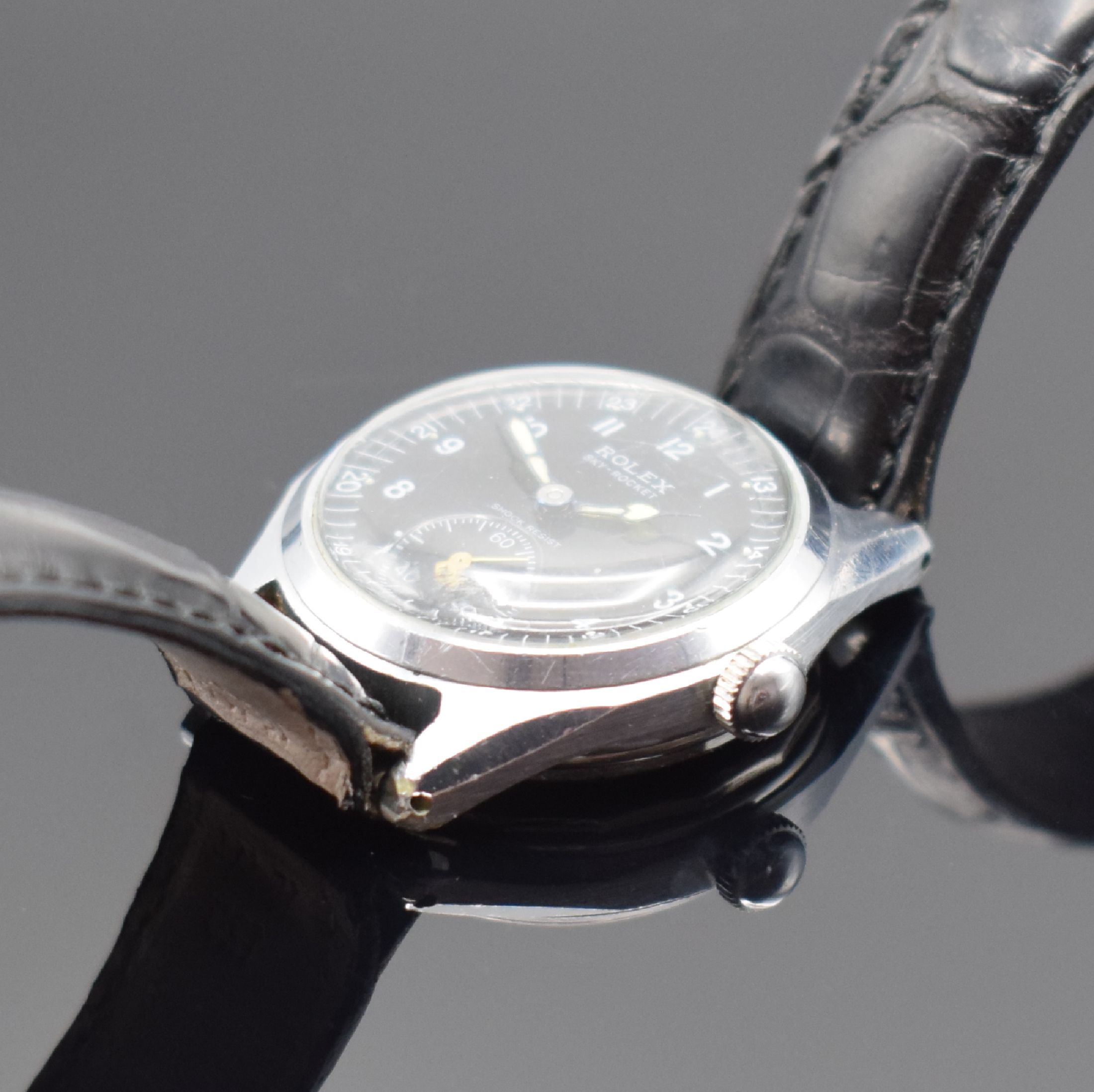 Detail c: ROLEX seltene Herrenarmbanduhr Sky-Rocket, Handaufzug, Schweiz / USA für den nordamerikanischen Markt um 1942, Metall verchromt, Edelstahlboden m. ...