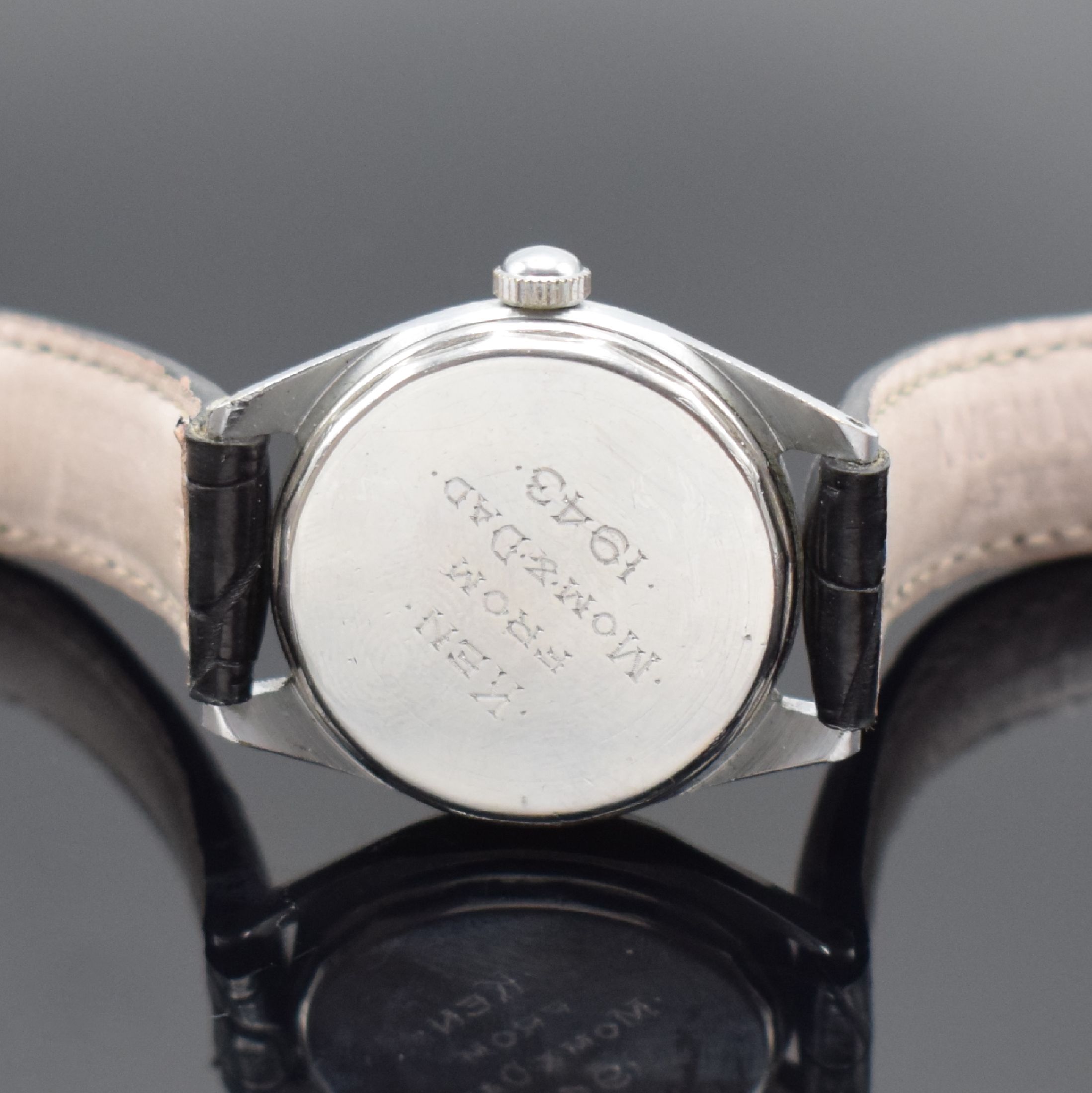 Detail d: ROLEX seltene Herrenarmbanduhr Sky-Rocket, Handaufzug, Schweiz / USA für den nordamerikanischen Markt um 1942, Metall verchromt, Edelstahlboden m. ...