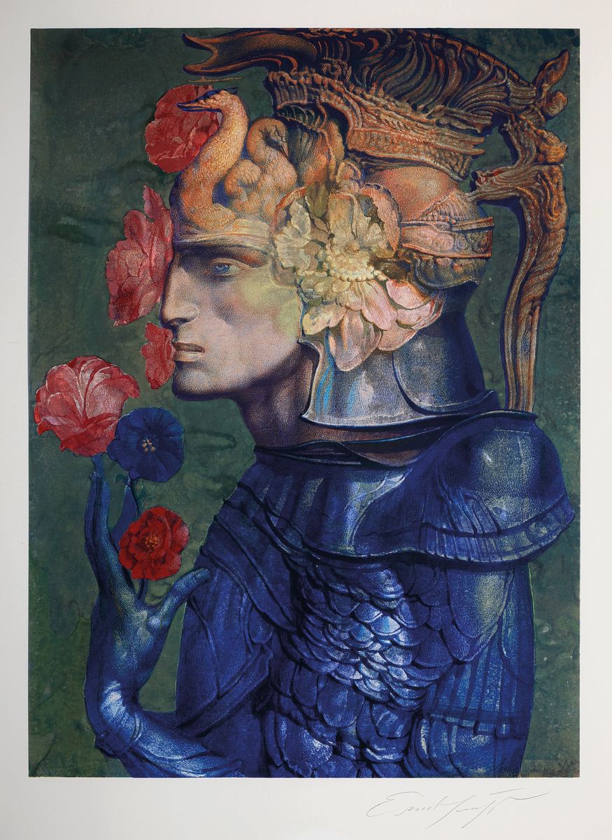 Ernst Fuchs, 1930 Wien-2015, Lohengrin, großformatige Farblithographie, rechts unten handsigniert, Motiv ca. 74x54cm, PP, u.Gl., R. ca. 100x78cm