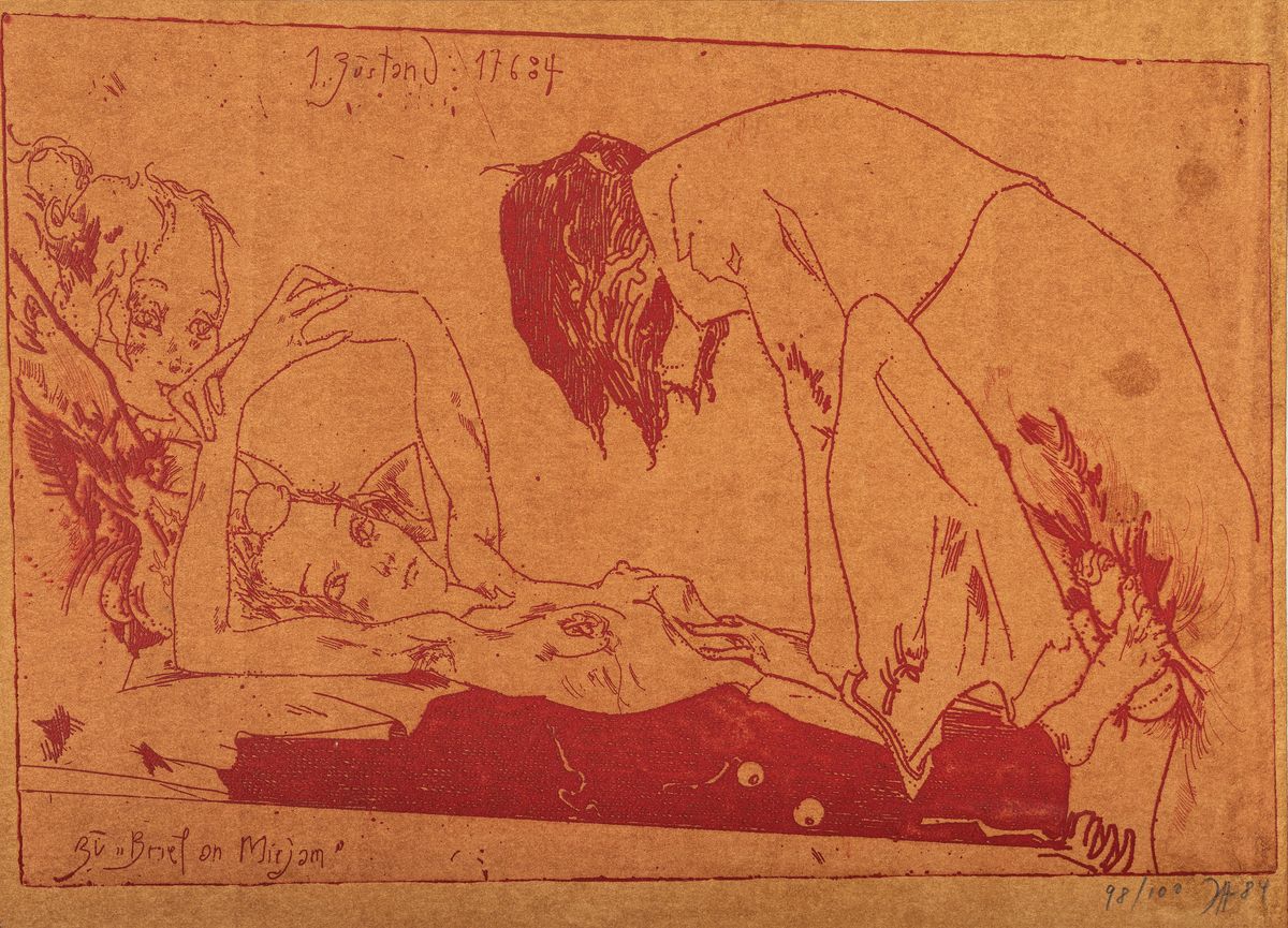 Horst Janssen, 1929 - 1995, farbige Radierung auf dickem, dunkelbraun eingefärbtemPapier mit dem vollen Schöpfrand, re. u. handsigniert, num. ...