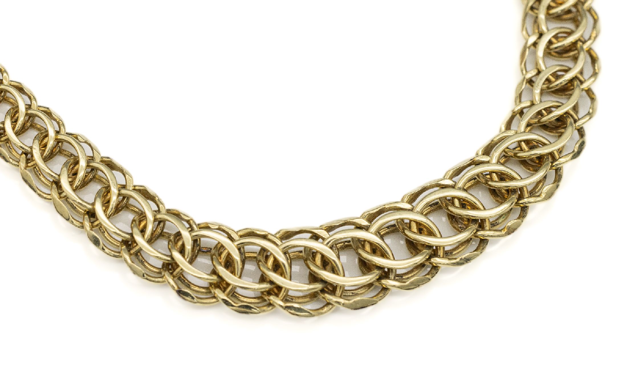 14 kt Gold Collier, GG 585/000, im Verlauf verschlungene Ösen, L. ca. 44 cm, ca. 35.6 g, Federringschließe