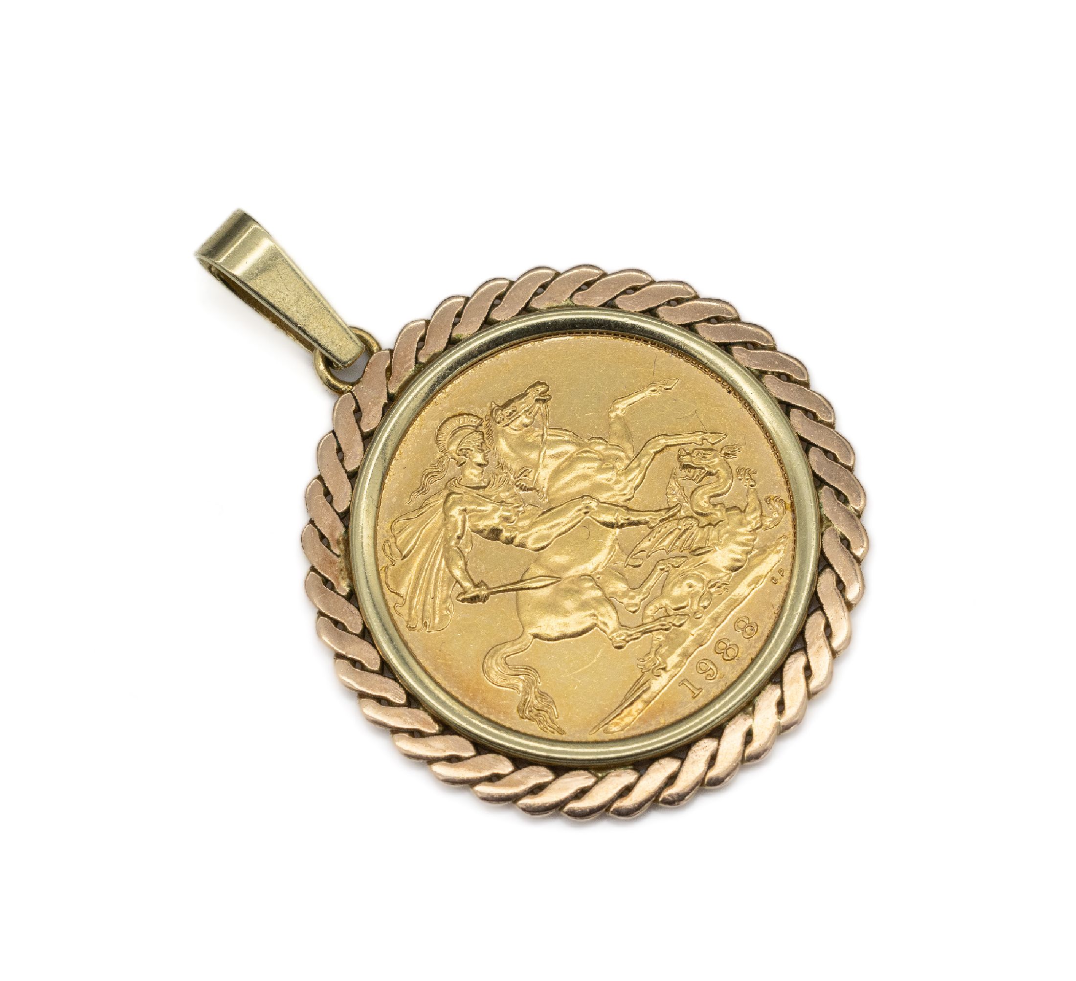 14 kt Gold Münzanhänger, GG 585/000, Goldmünze Sovereign England 1988, Queen Elisabeth II, schlichte Rahmung, D. ca. 2.8 cmca. 10.3 g