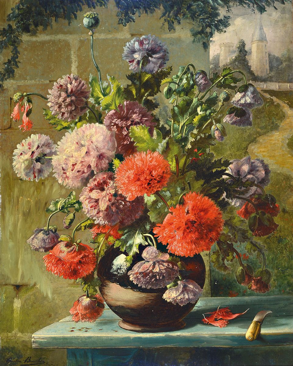 Gaston Boucher, französischer Künstler des späten 19./frühen 20.Jh., Blumenstillleben mit Pfingstrosen in verschiedenen Stadien der Blüte, ...