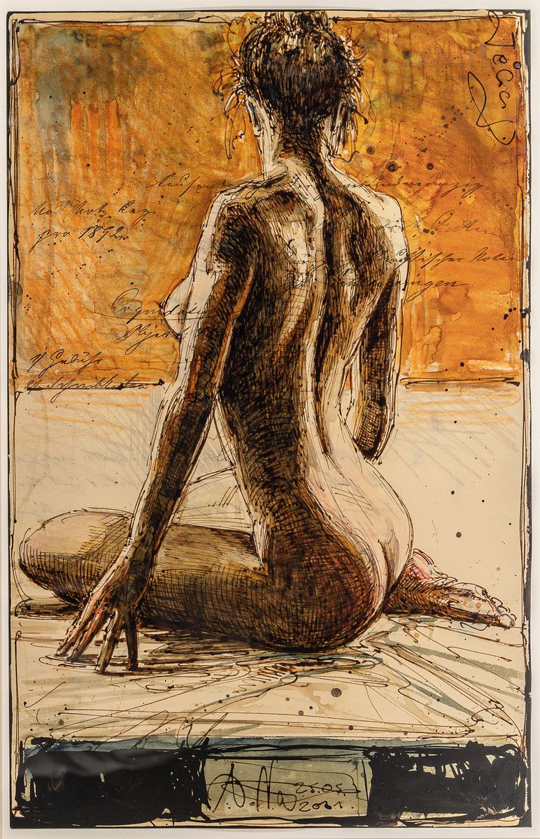 Andreas Noßmann, geb. 1962, "Judith", Mischtechnik: Federzeichnung, Aquarell/ Farbstift auf Papier, Frauenakt re. u. signiert u. datiert ...