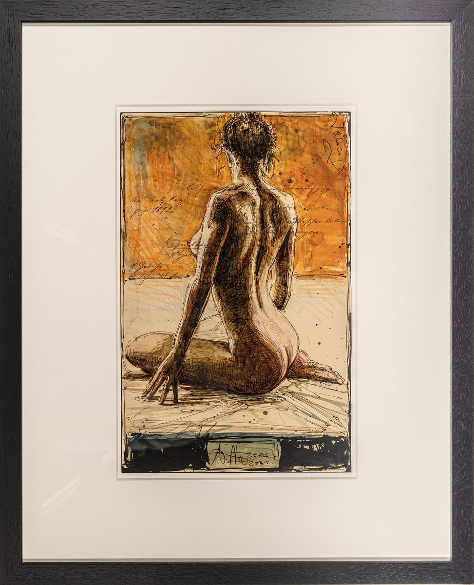 Detail k: Andreas Noßmann, geb. 1962, "Judith", Mischtechnik: Federzeichnung, Aquarell/ Farbstift auf Papier, Frauenakt re. u. signiert u. datiert ...