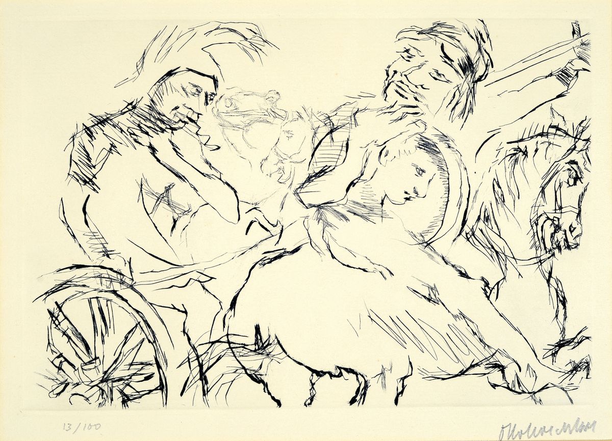 Oskar Kokoschka, 1886 - 1980, Kaltnadelradierung auf handgeschöpftem Auvergne-Bütten, Titel: Begegnung Penthesileas und Achills auf dem Kampffeld ( ...